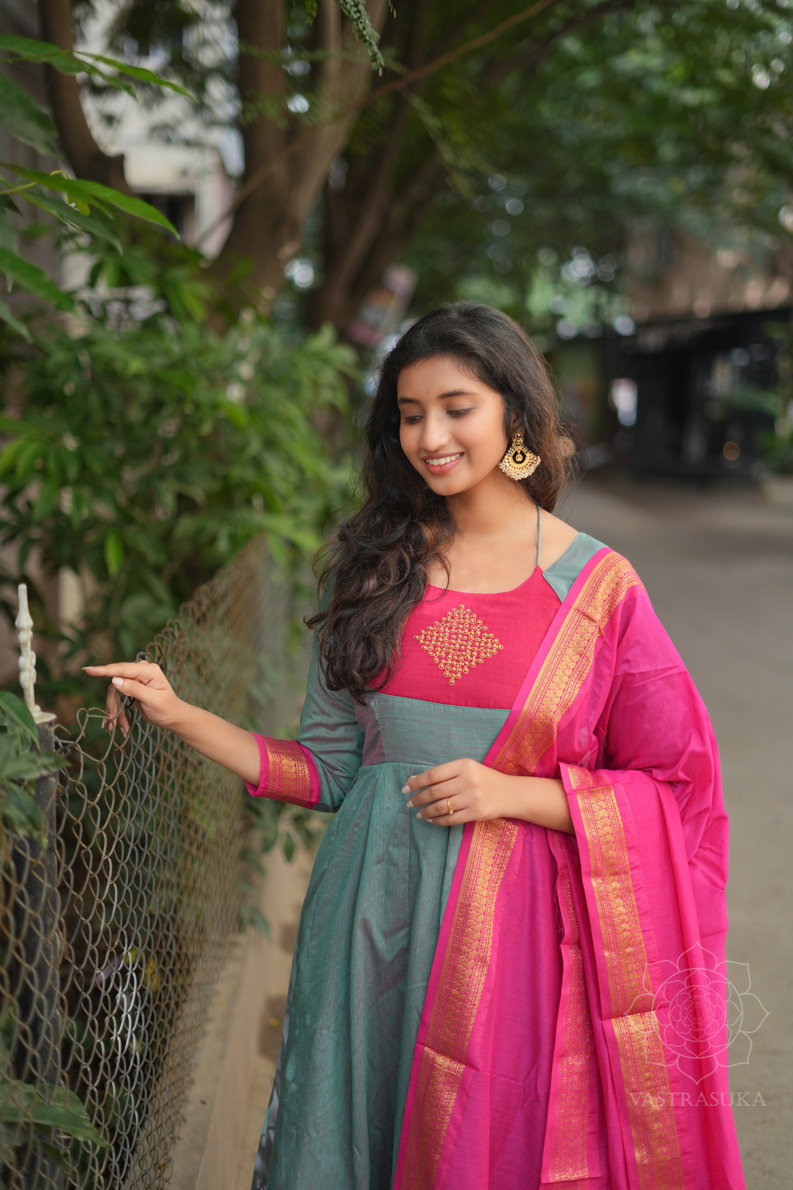 Pine green & pink Kanchi cotton Anarkali