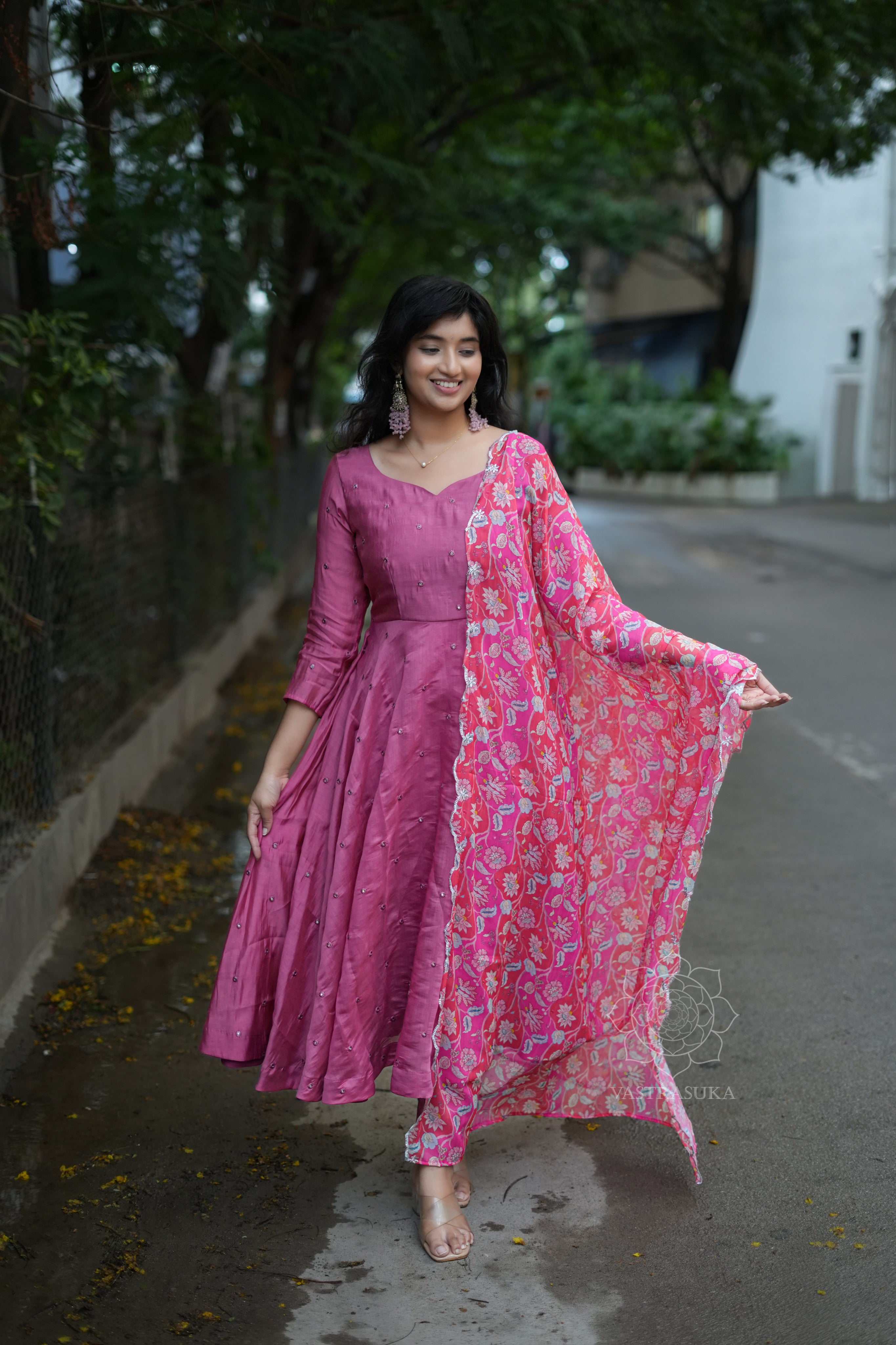 blush pink anarkali dress Majhi Luxe Tissue Light Pink Anarkali Kurta Set
