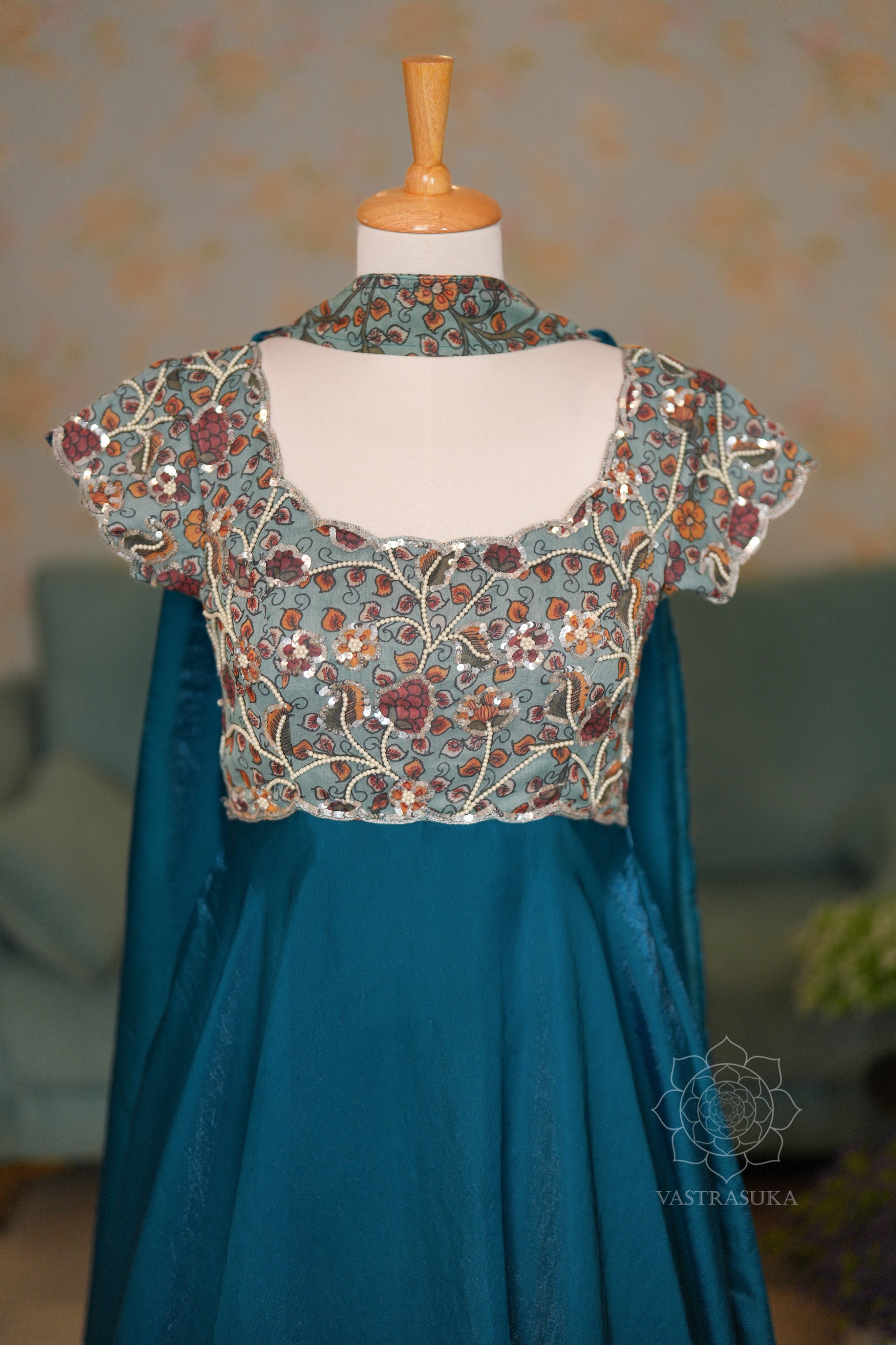 Teal blue kalamkari Long Dress Set