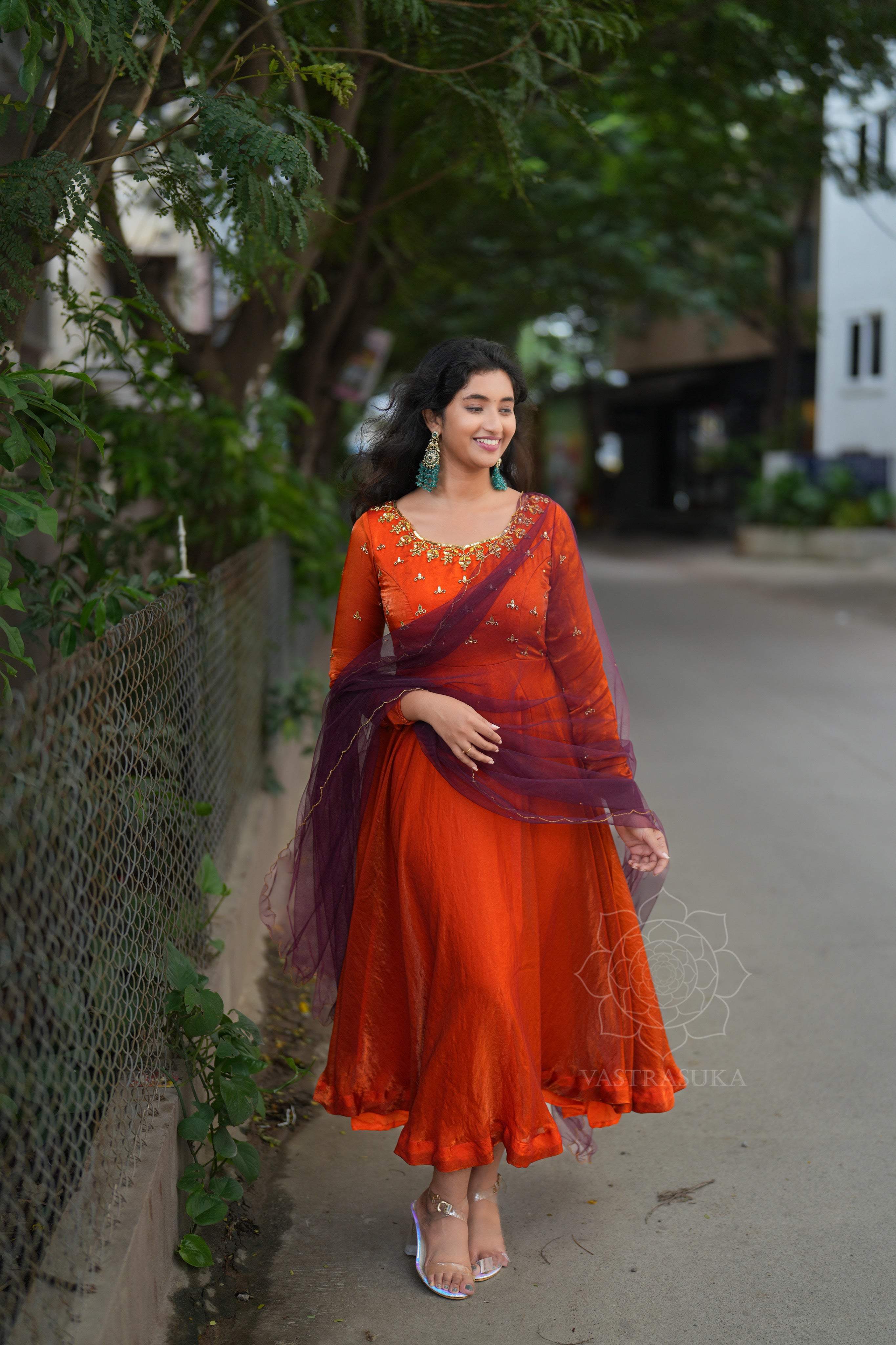 Rust orange space silk Anarkali