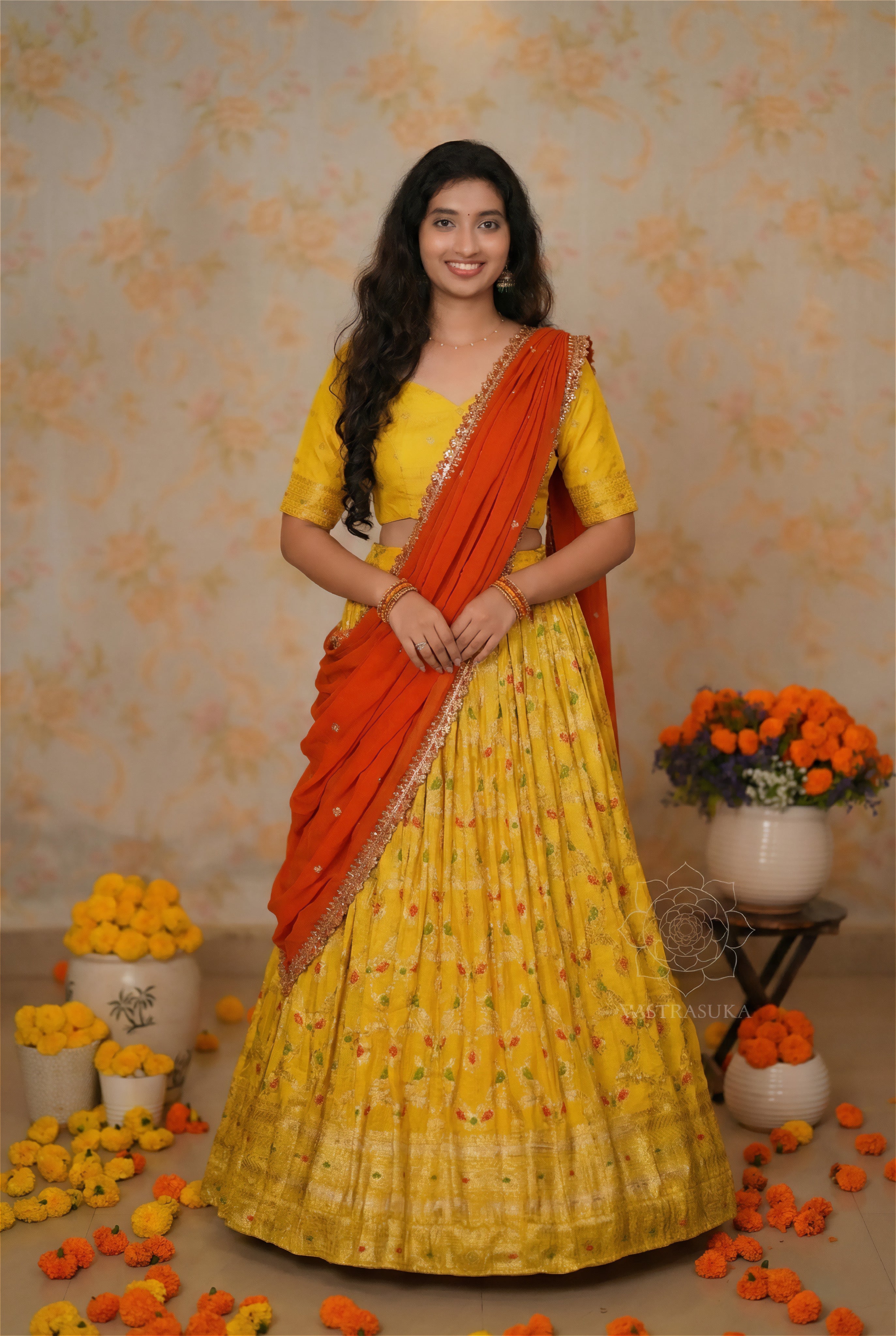 Yellow Zari Weaved Half Saree