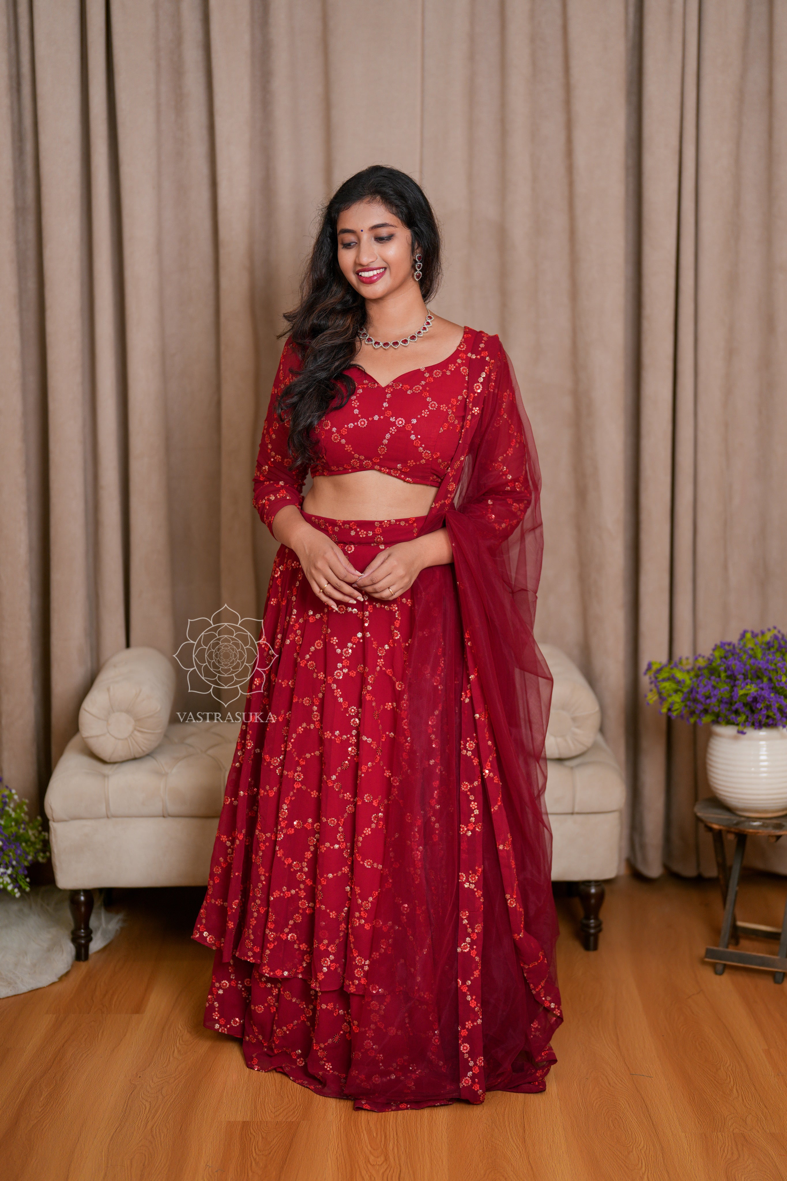 Rose Red Embroidered Lehenga Set