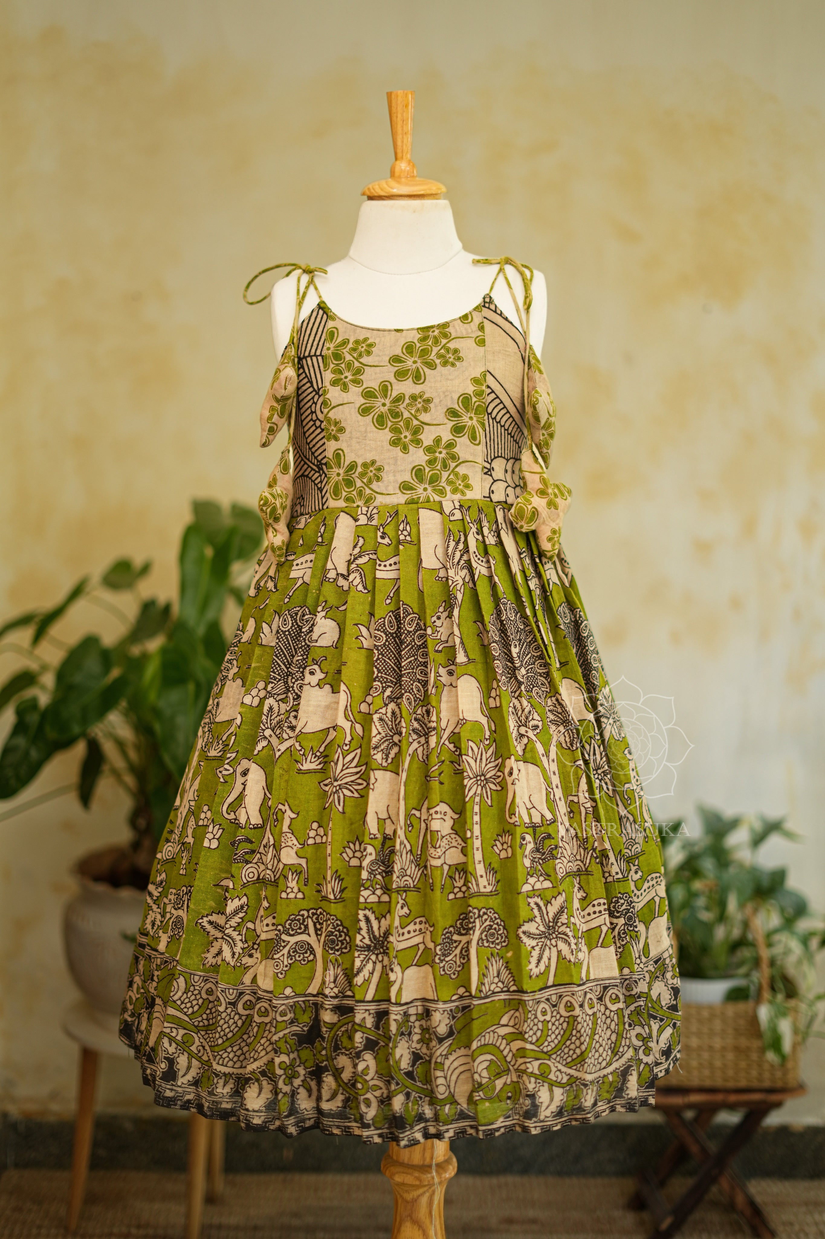 Mehandi green cotton Kalamkari dress – Vastrasuka
