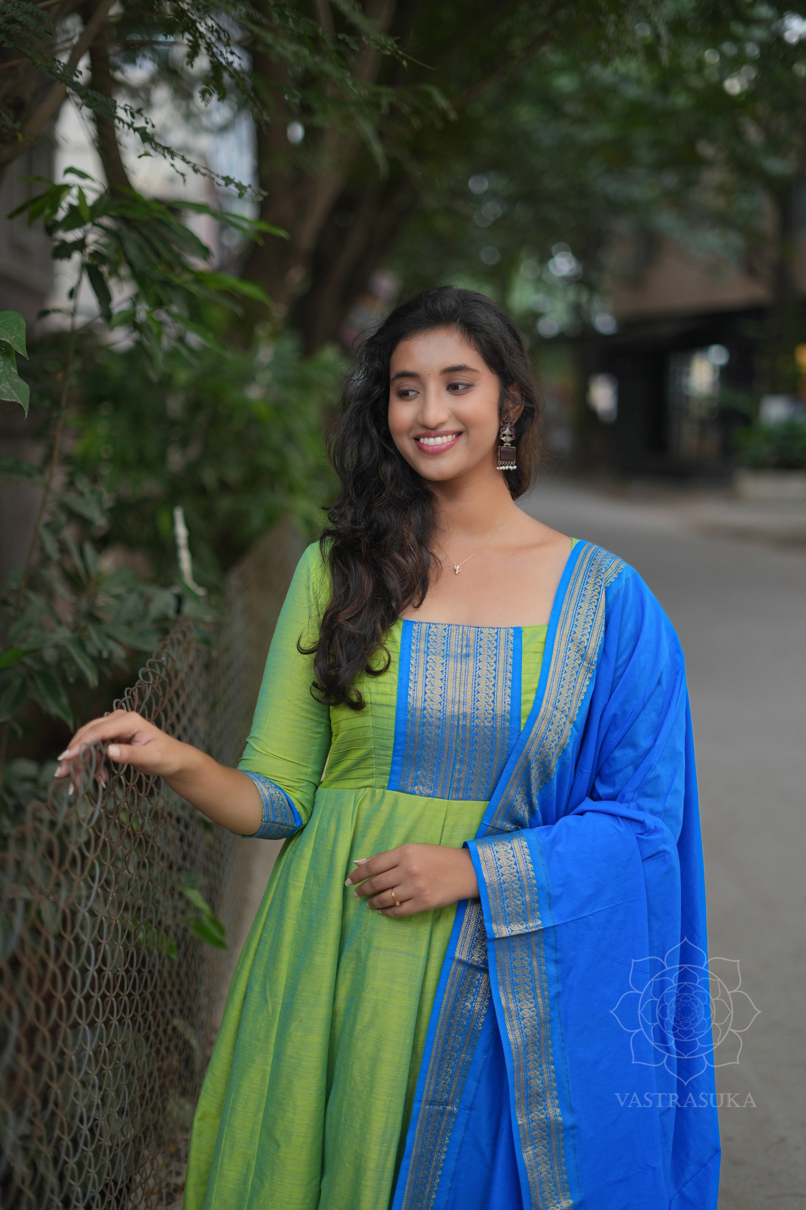 Olive green &amp; blue Kanchi cotton Anarkali