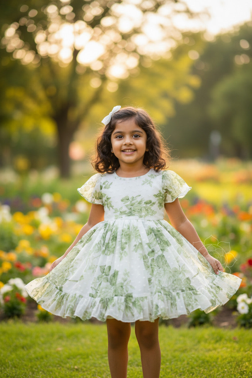 White Chiffon frock with green floral Print