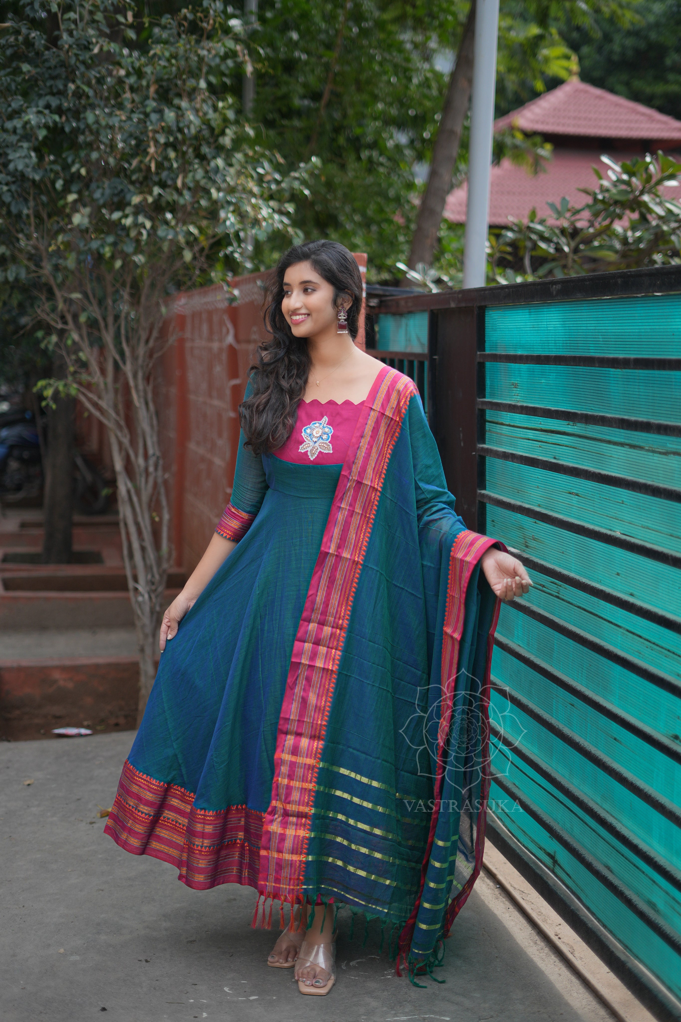 Teal blue handloom Anarkali