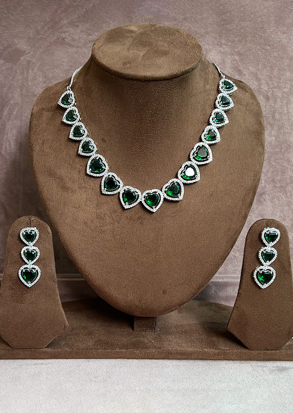 Cz Designer Green Hearts Necklace Set