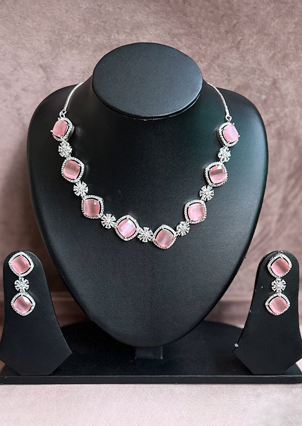 Ad Studded Cz Blush Pink Necklace Set