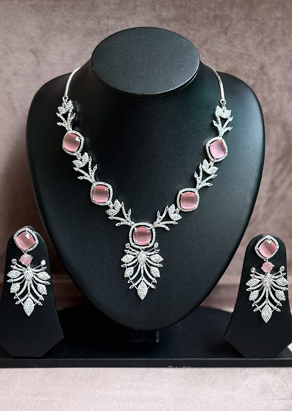Ad Designer Blush Pink Leaf Cz Stone Necklace Set