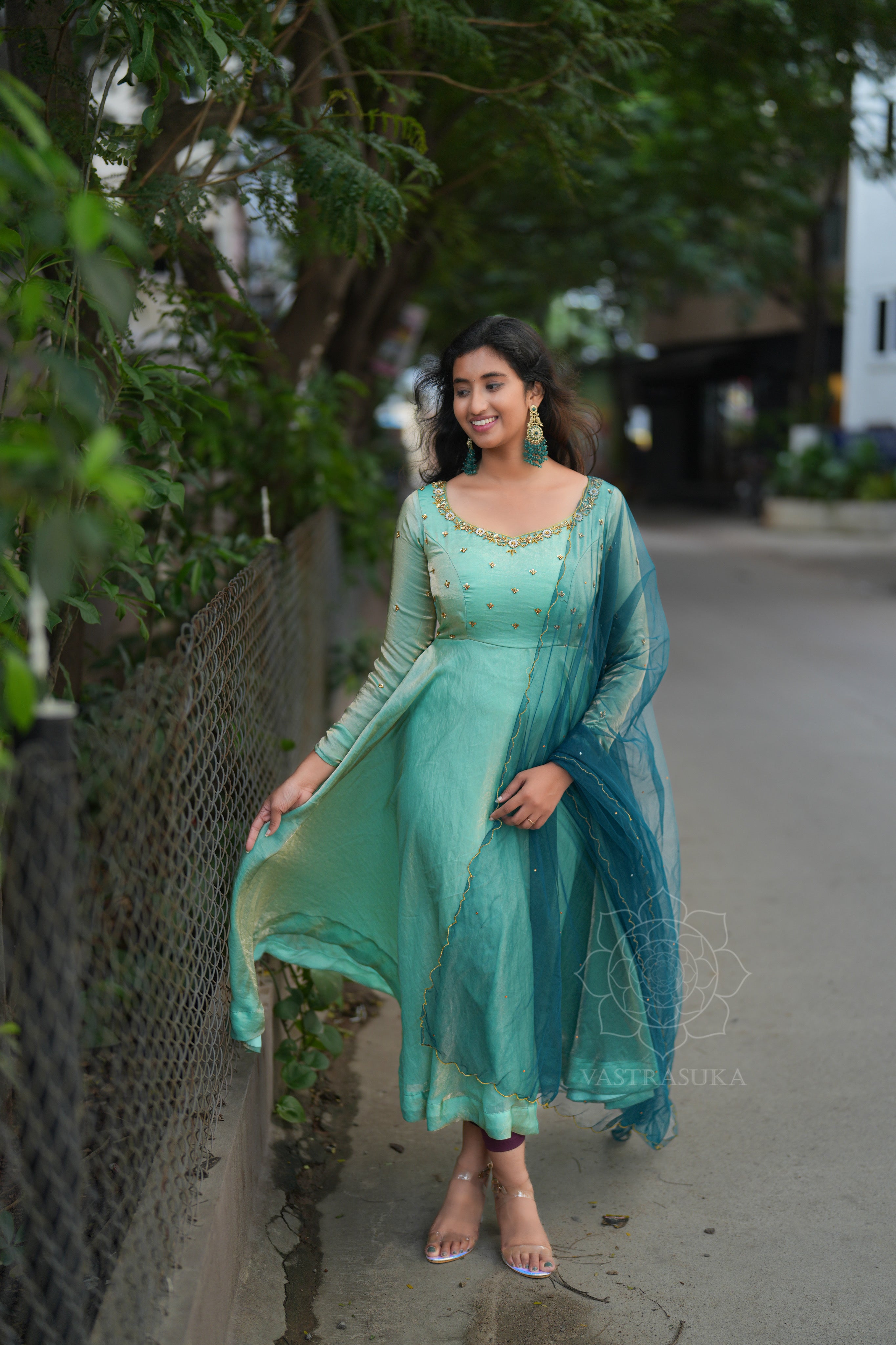 Sea green space silk Anarkali