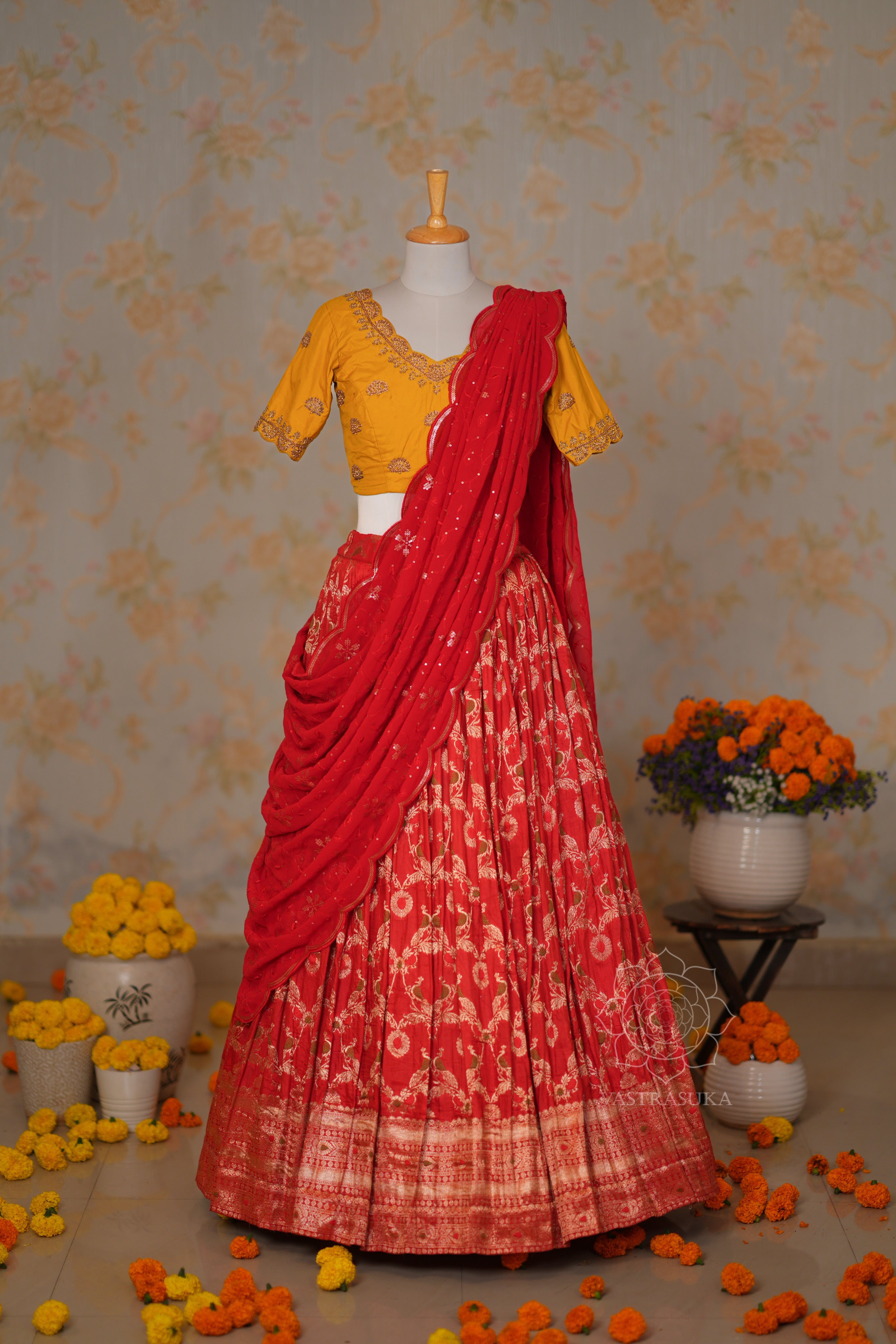 Red Zari Weaved Half Saree