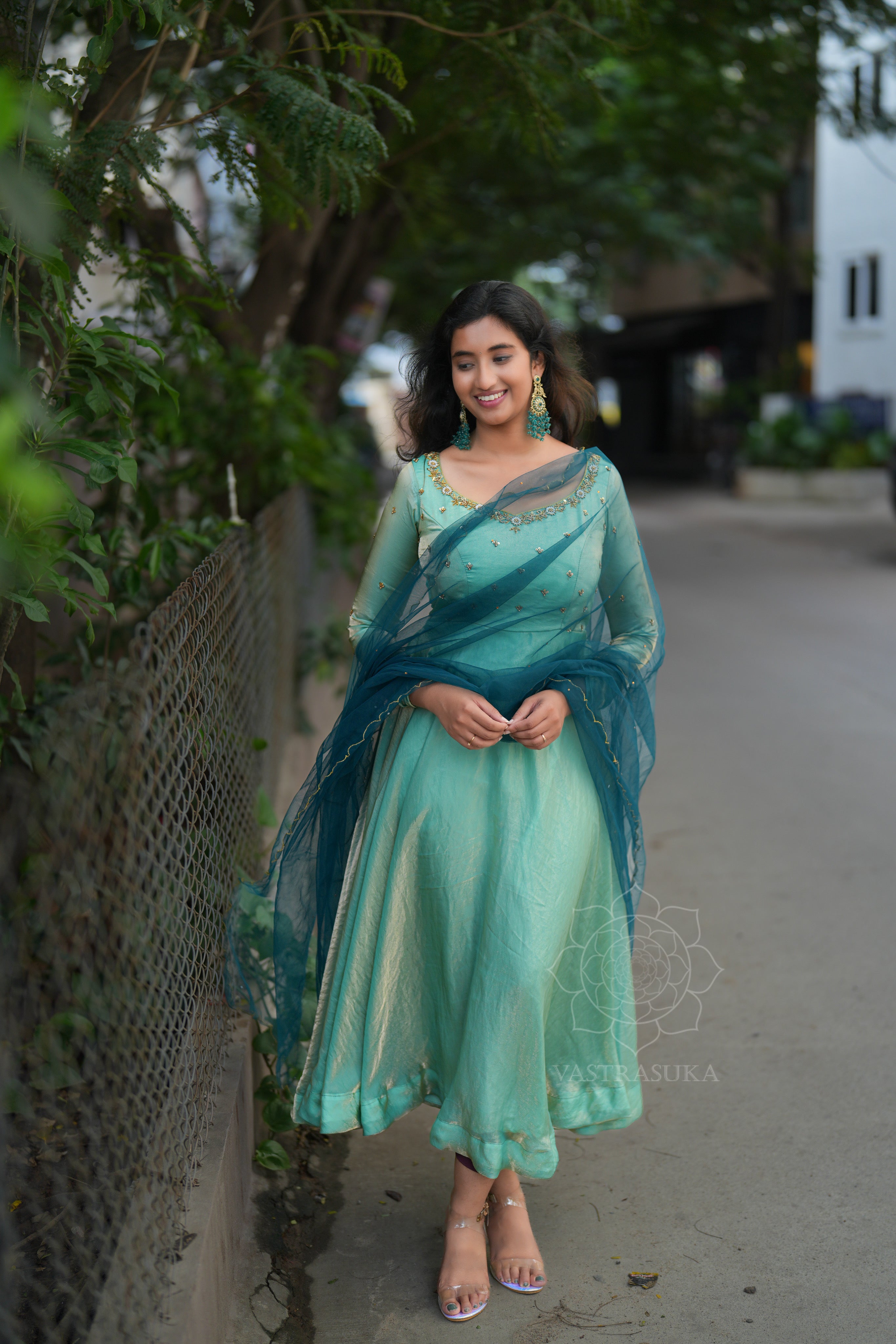 Sea green space silk Anarkali