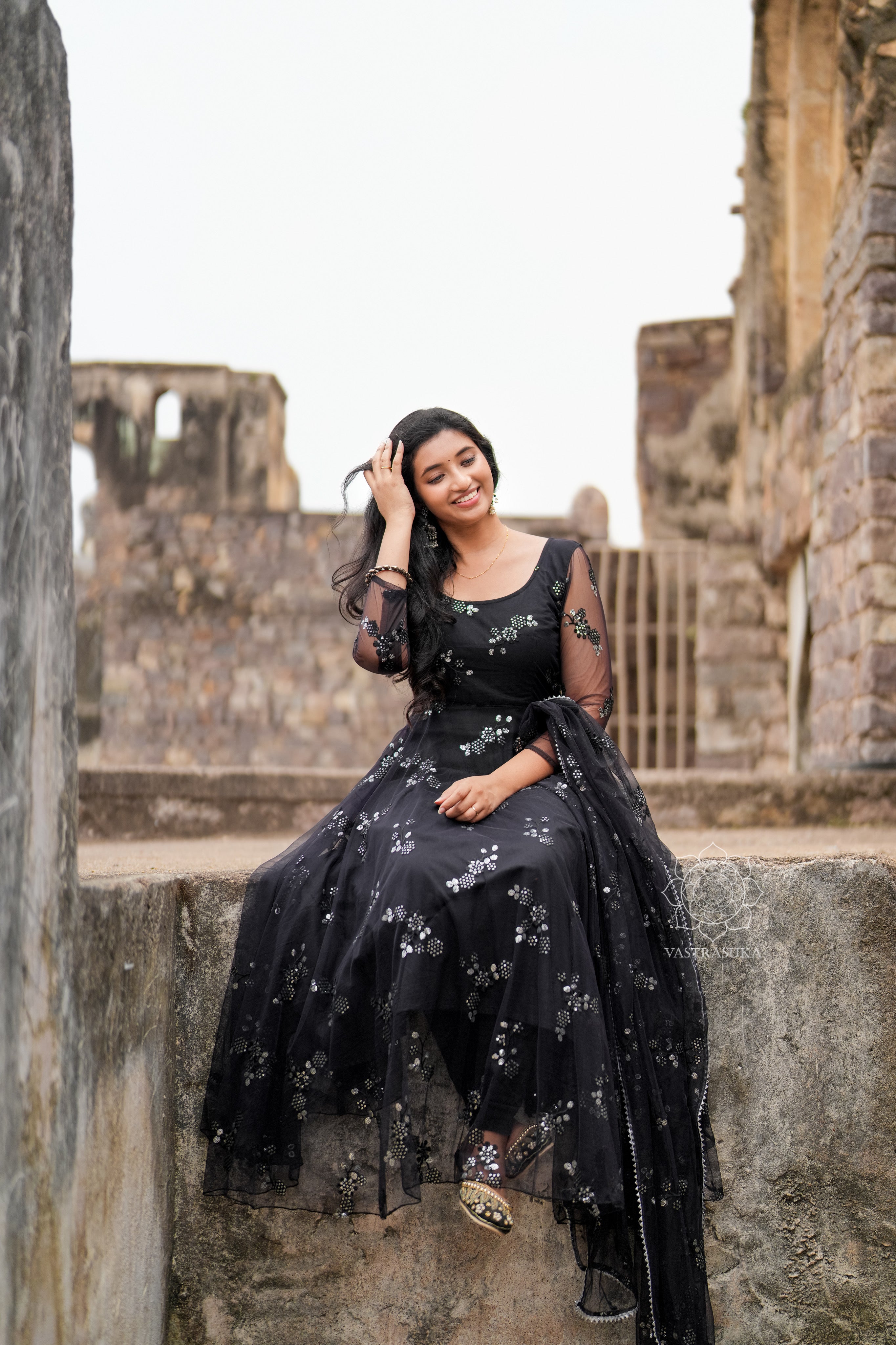 Black net long Anarkali dress