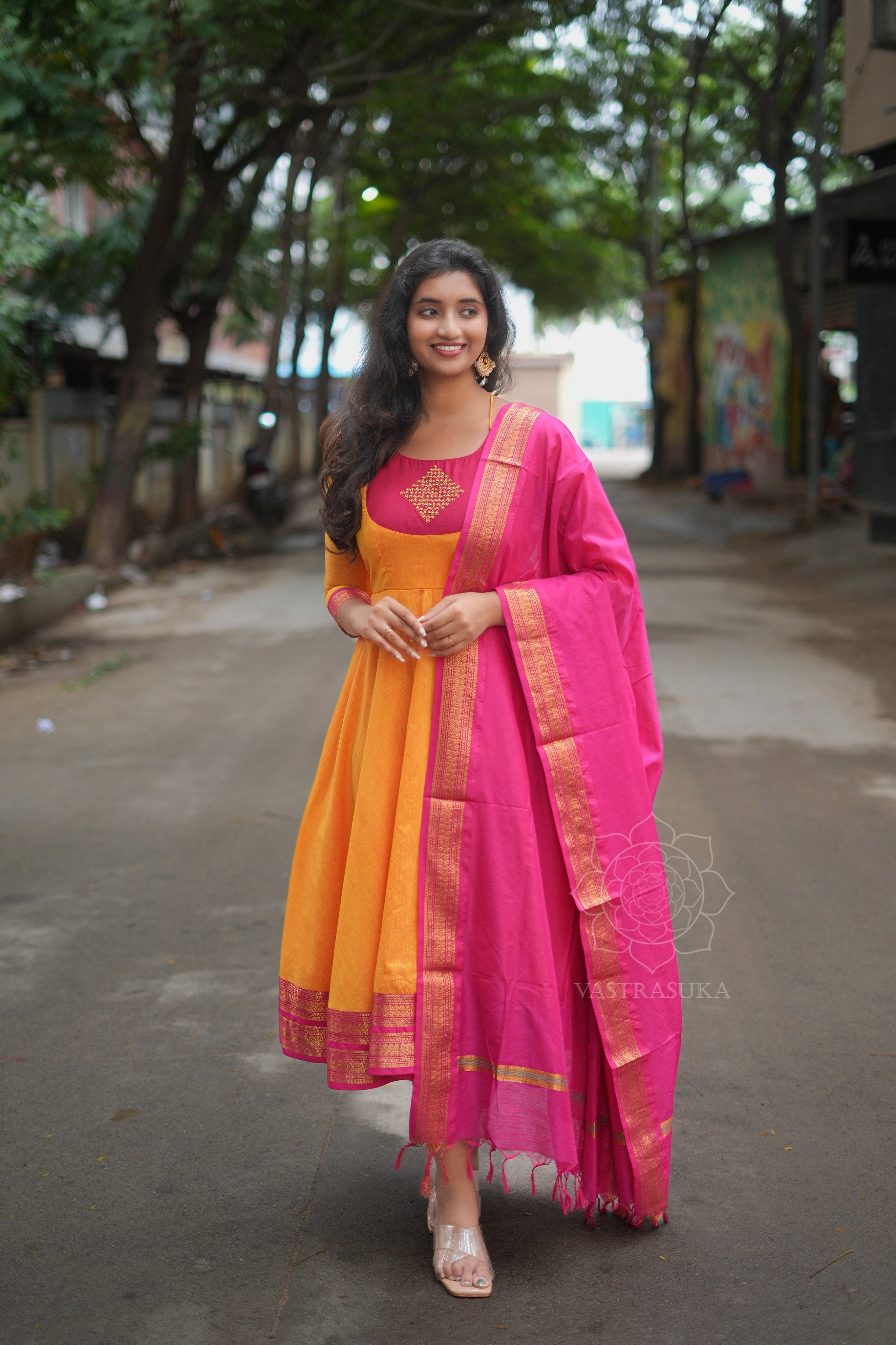 Mustard & pink Kanchi cotton Anarkali