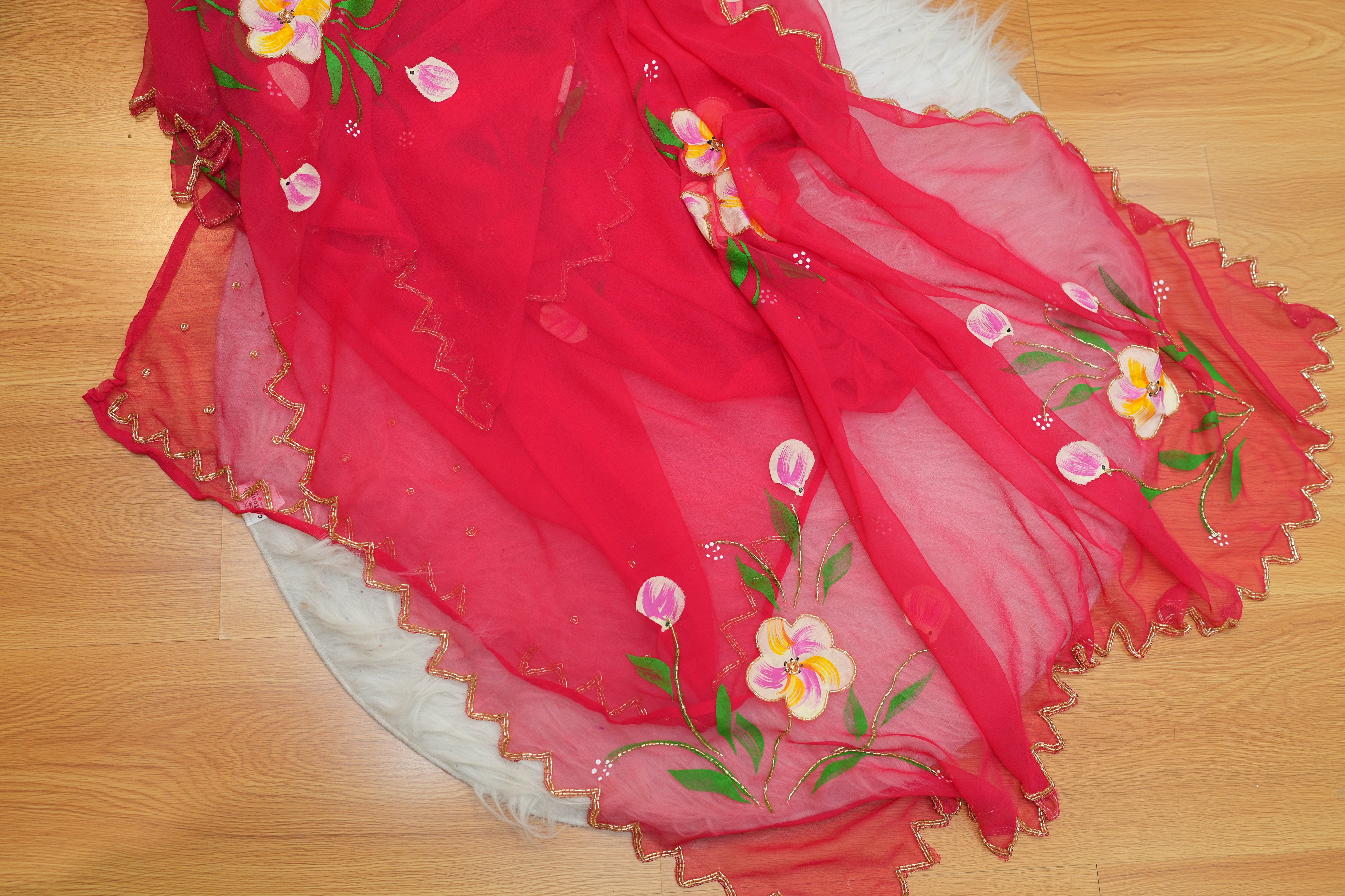 Red Hand-Painted Georgette Saree with Exquisite Handwork Detailing