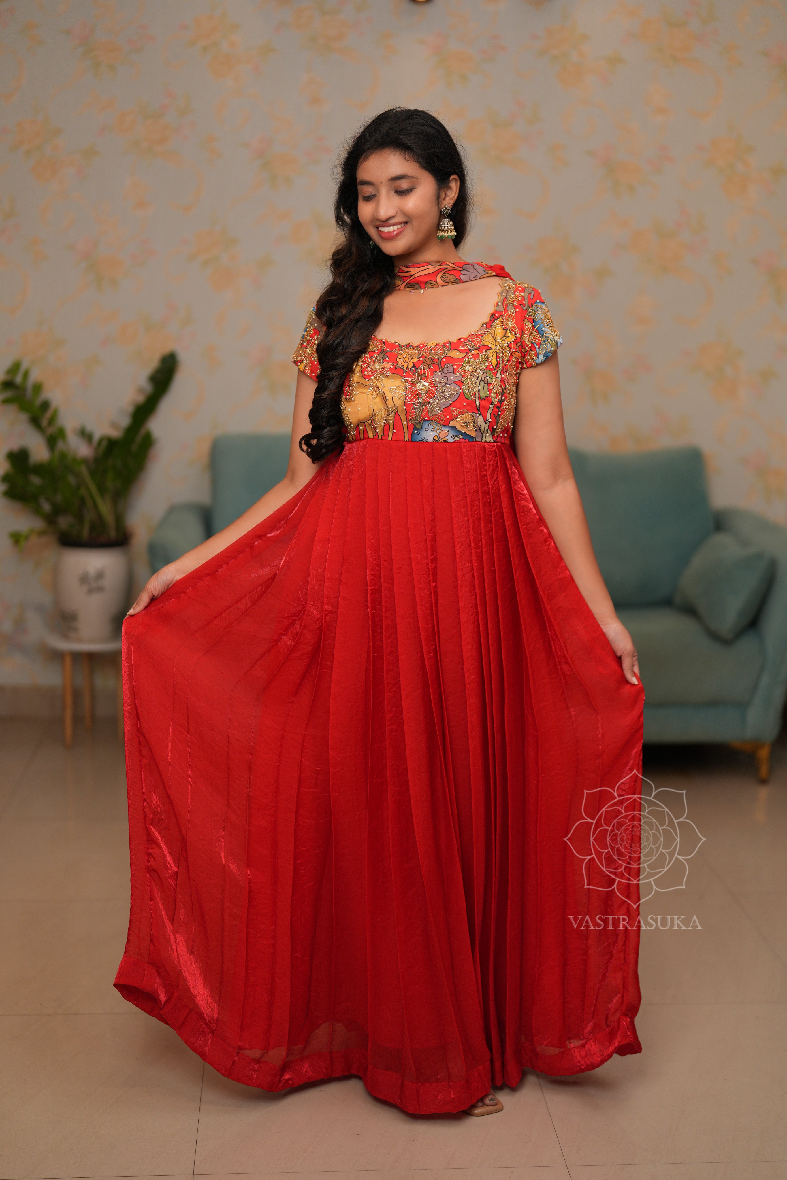 Red Kalamkari Long Dress Set