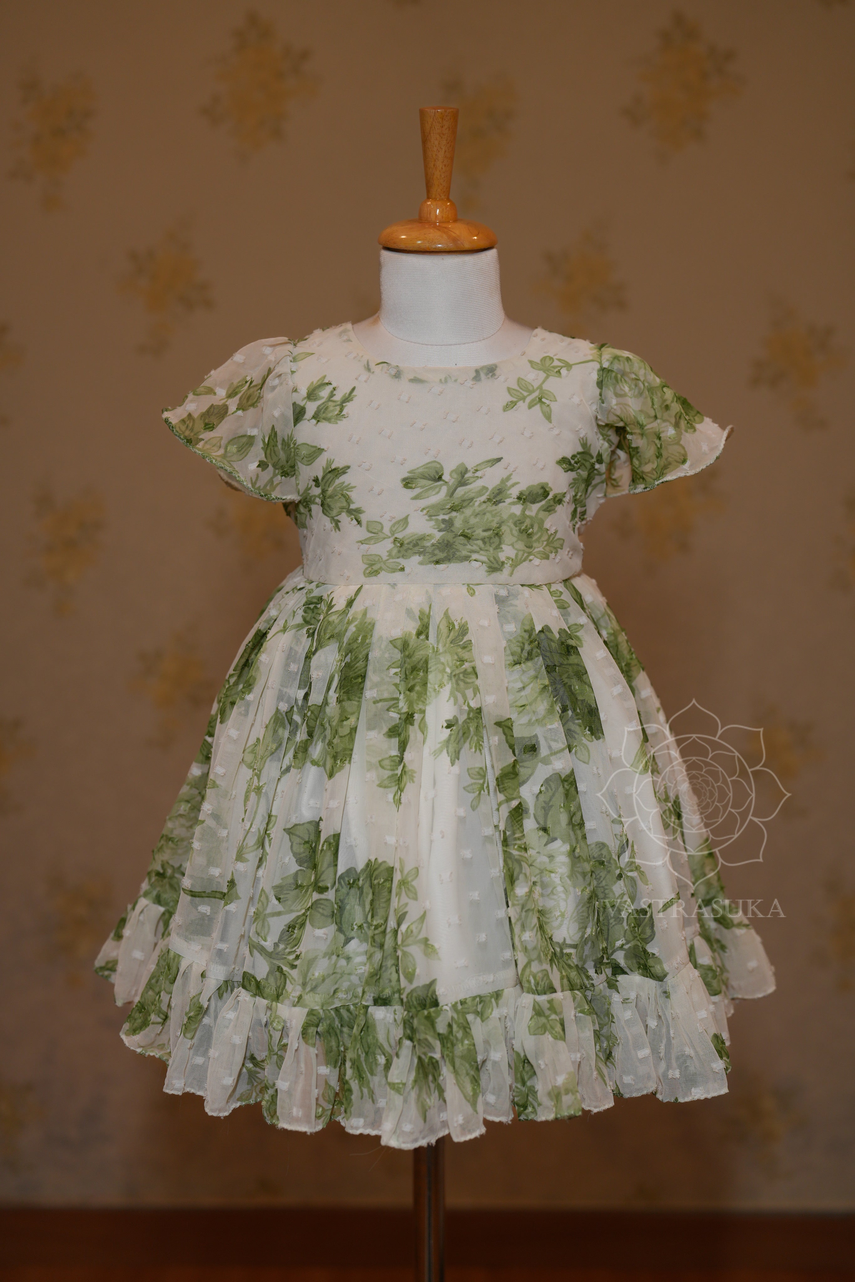 White Chiffon frock with green floral Print