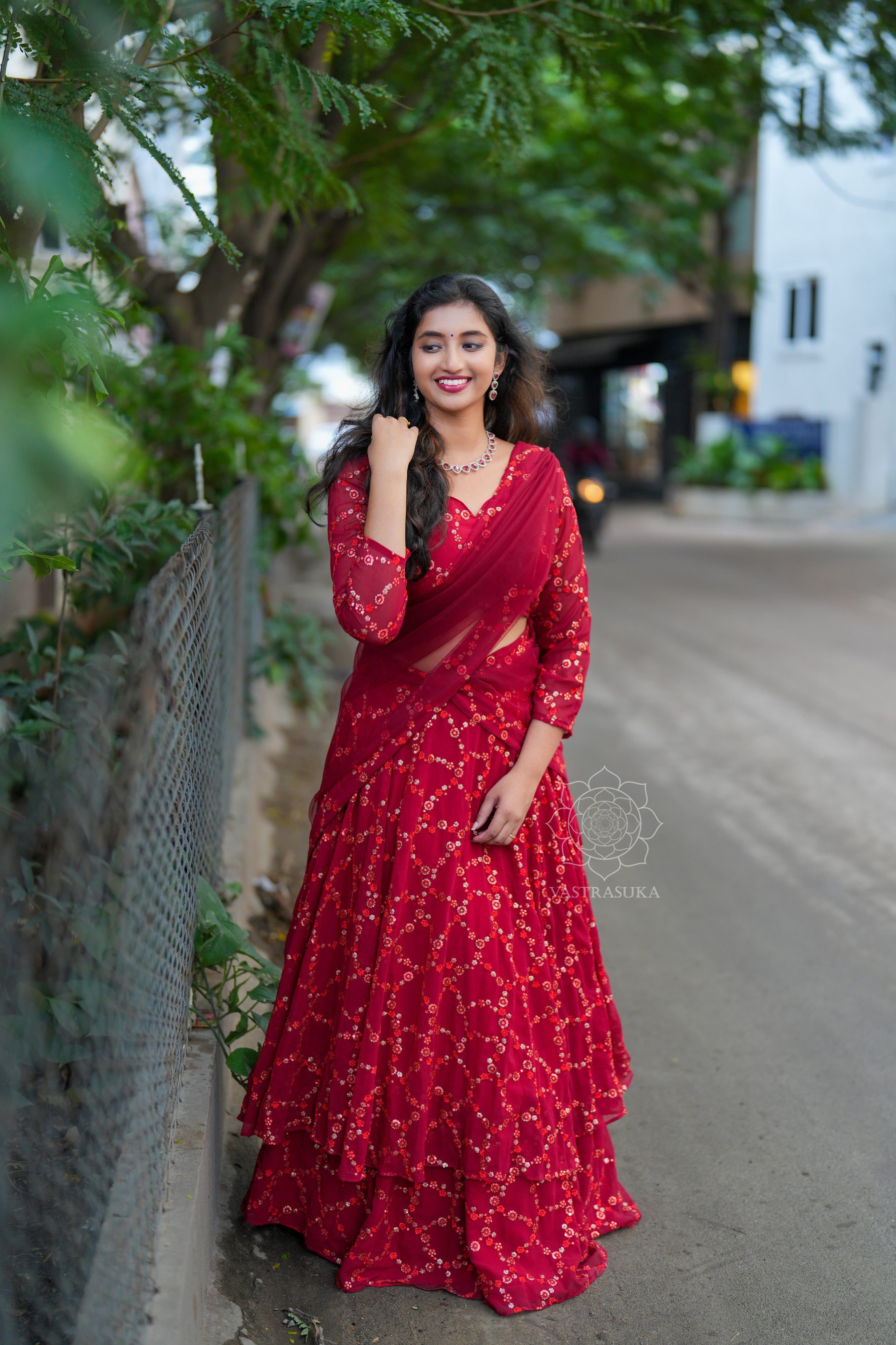 Rose Red Embroidered Lehenga Set