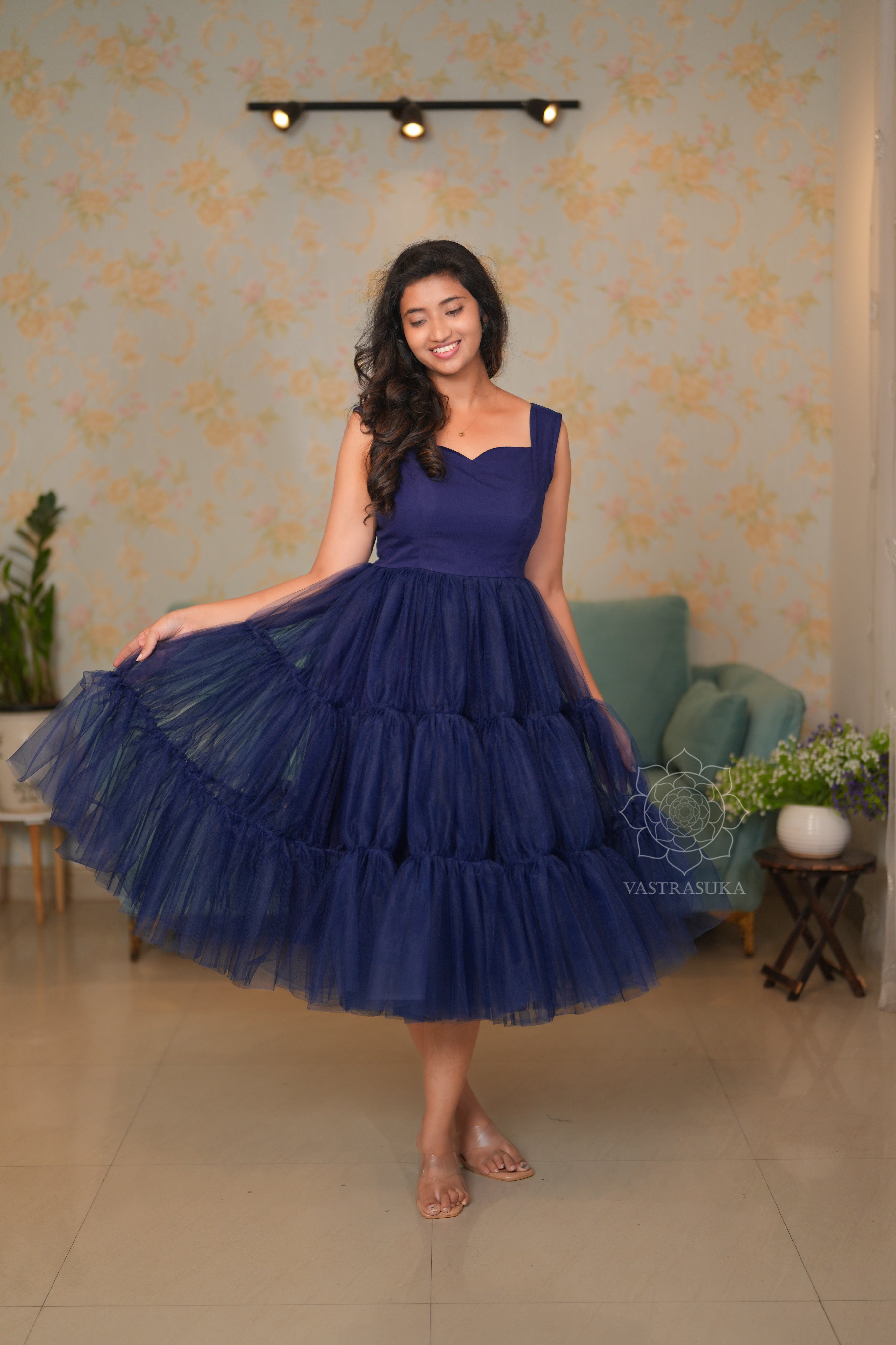 Navy blue net layered Short Dress Vastrasuka Navy blue net layered Short Dress Vastrasuka