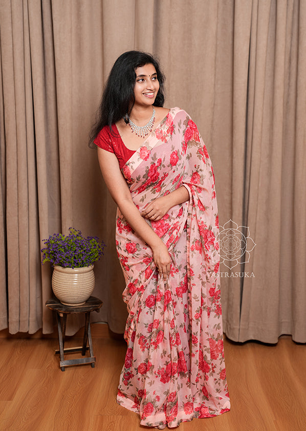 Red Floral Printed Saree