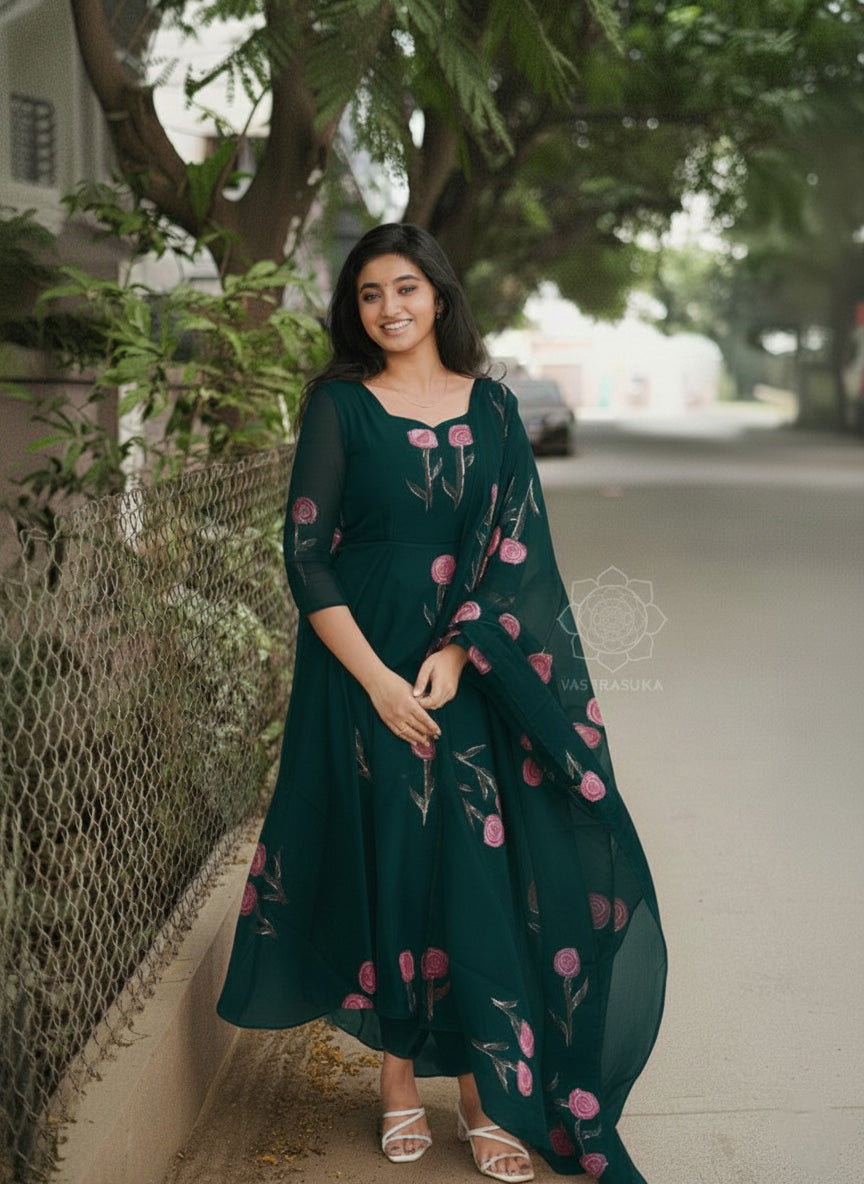 Dark Teal Hand Painted Anarkali