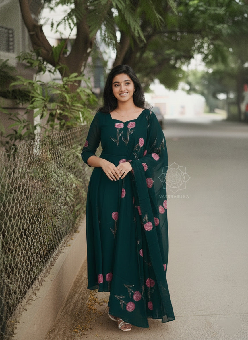 Dark Teal Hand Painted Anarkali