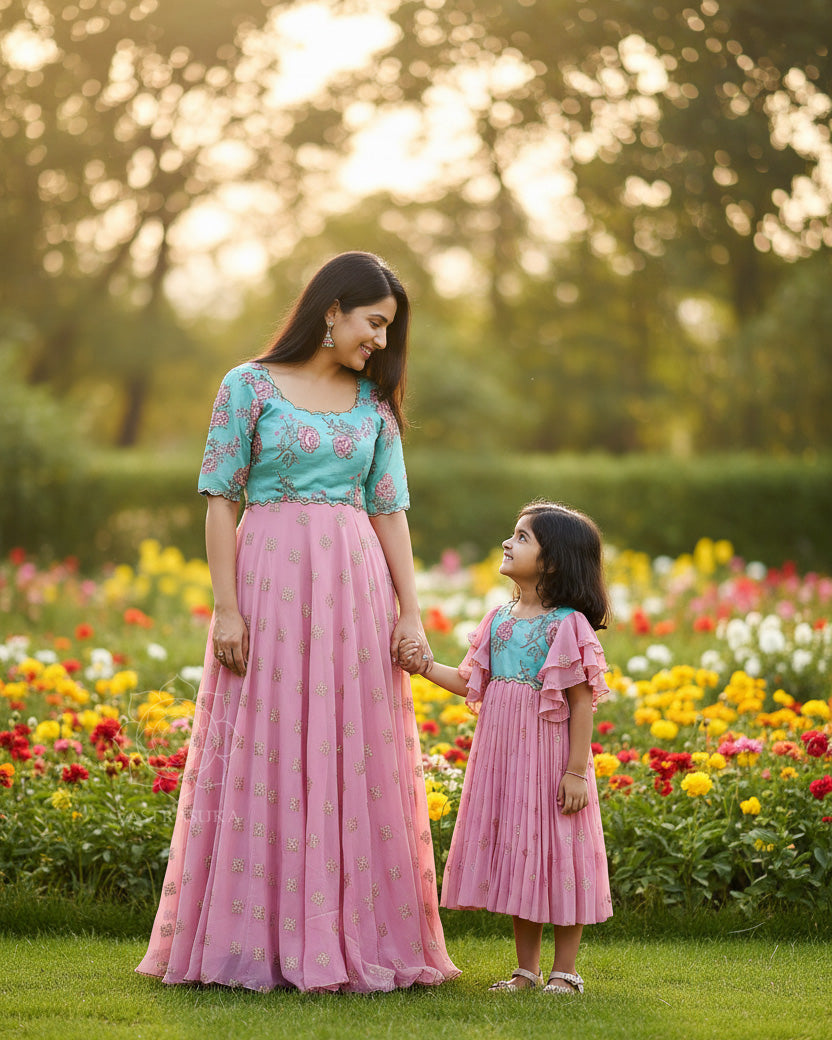 Baby Pink Sea Green Sparkle Mom & Kid Combo