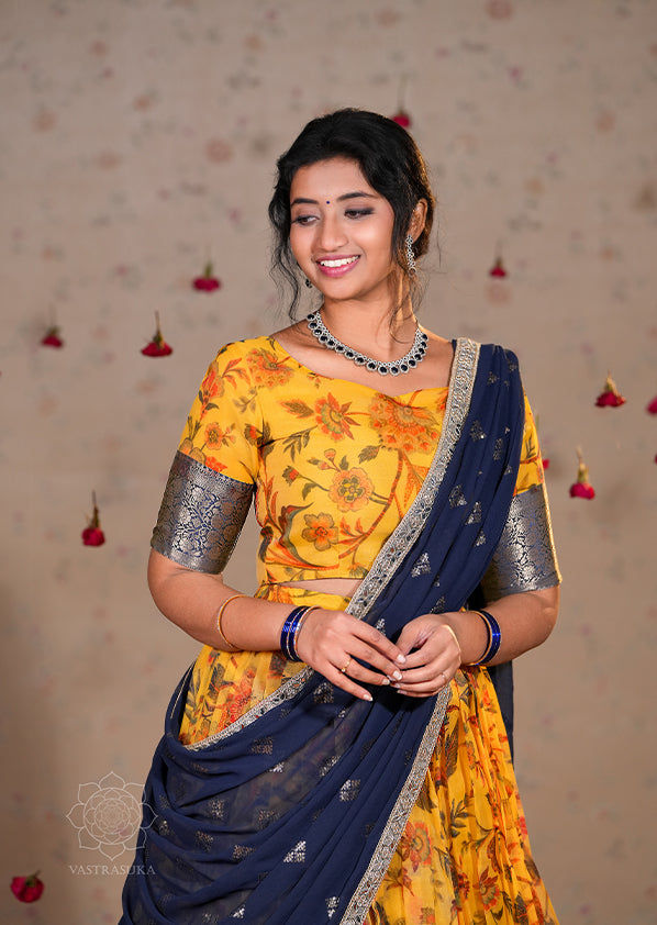 Mustard Kalamkari Printed Tissue Half Saree