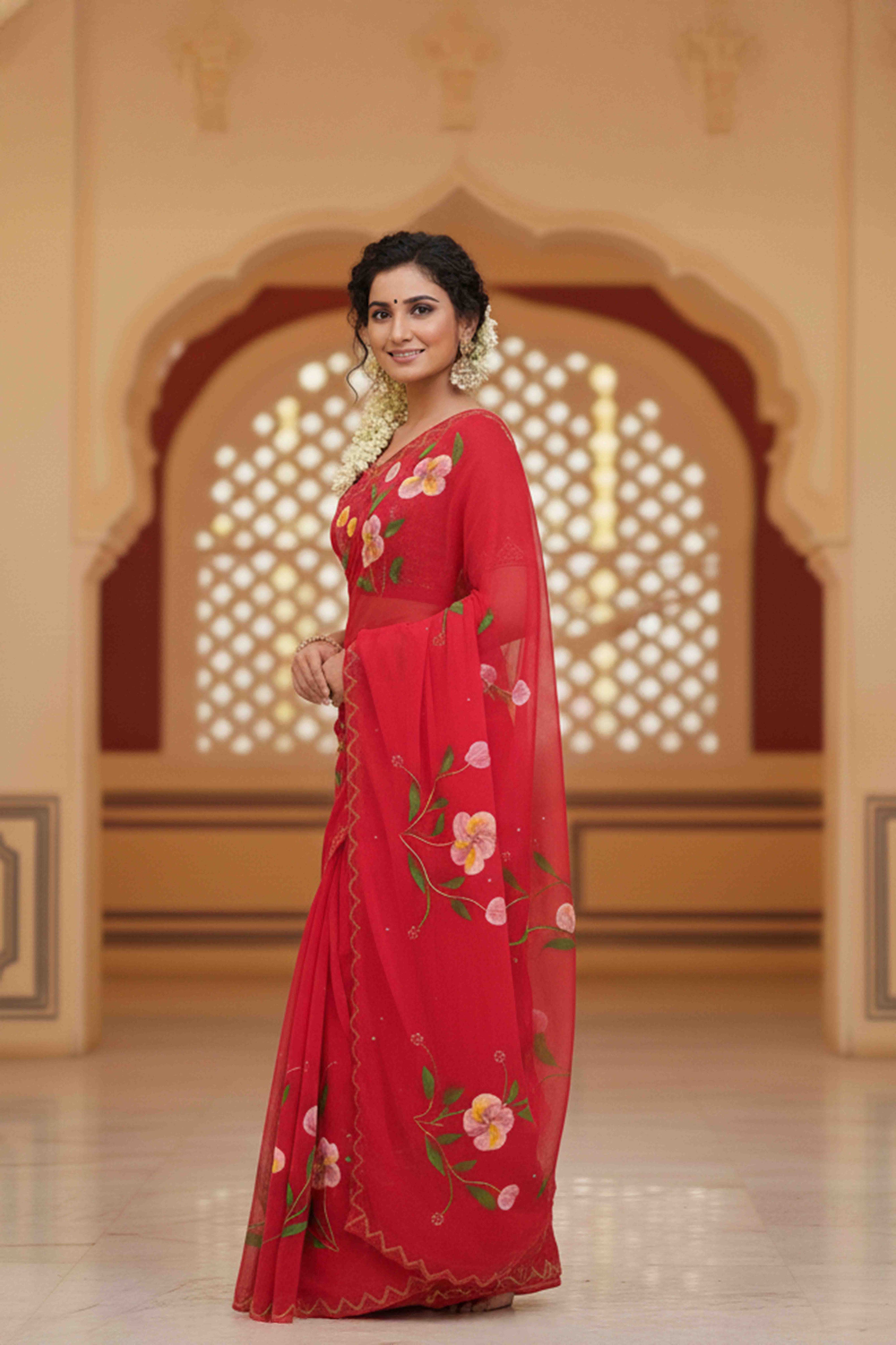 Red Hand-Painted Georgette Saree with Exquisite Handwork Detailing