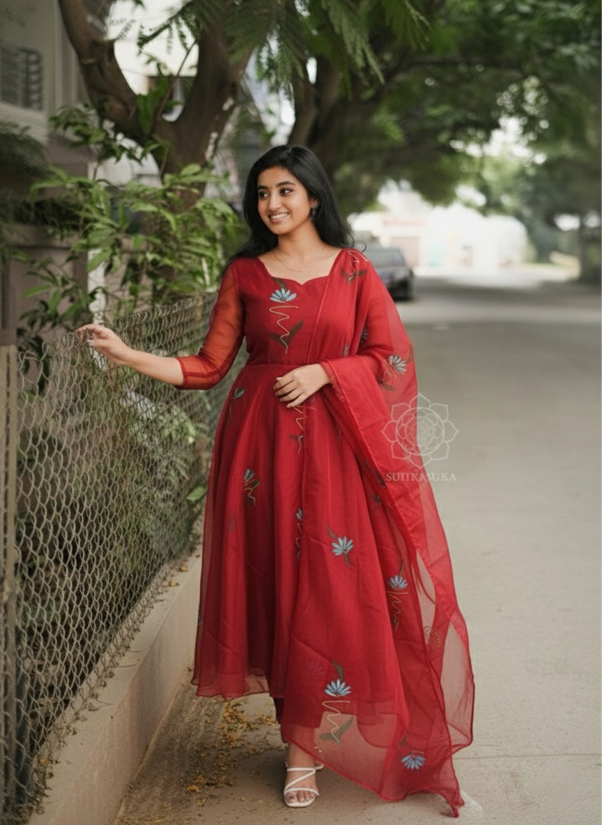 Maroon Red Hand Painted Anarkali