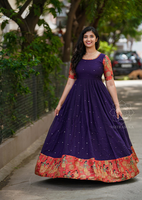 Purple handloom kalamkari dress – Vastrasuka - Main Image