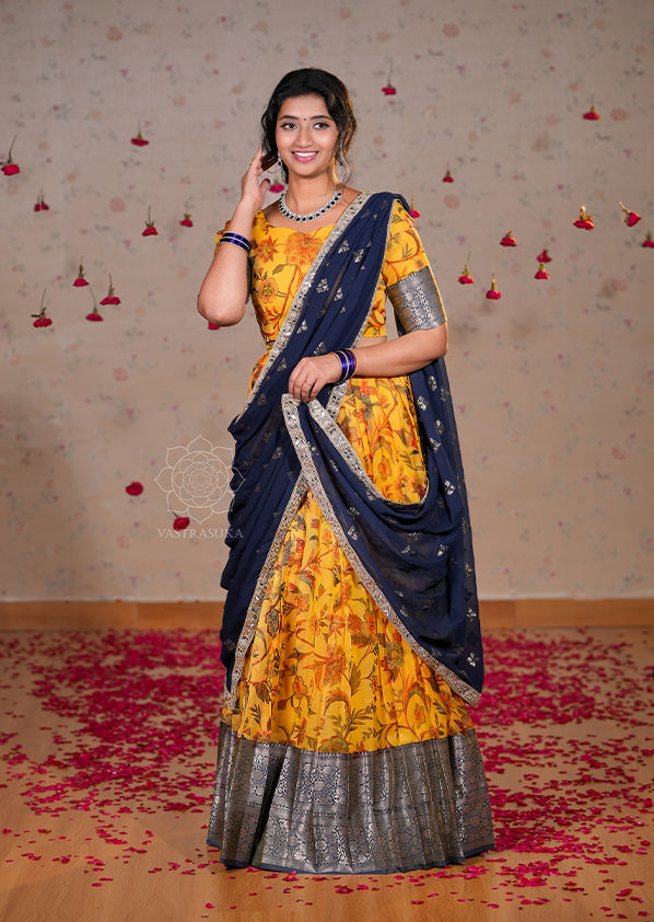 Mustard Kalamkari Printed Tissue Half Saree