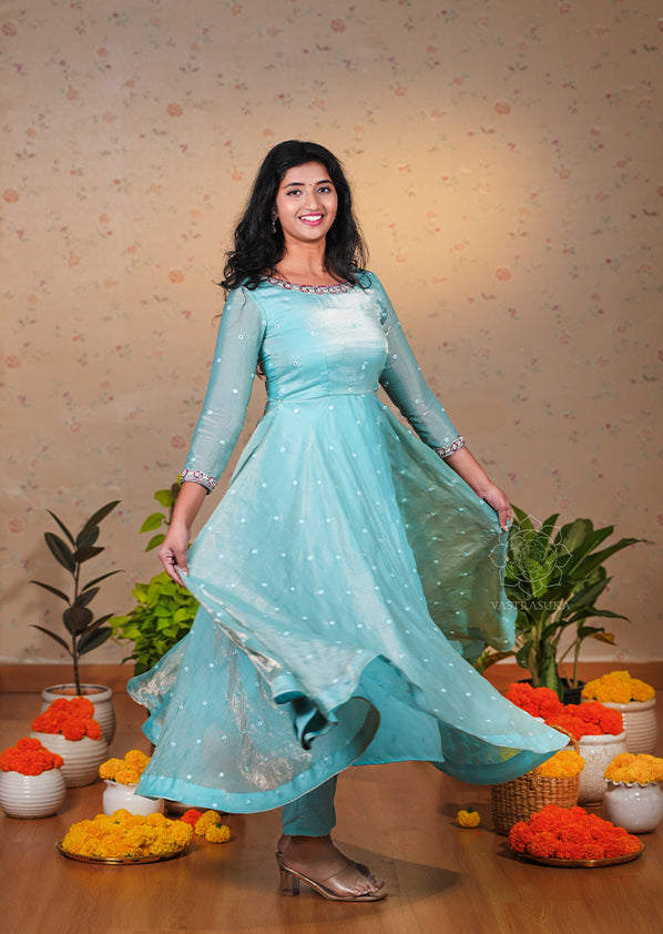 Cool Blue Space Silk Anarkali Set