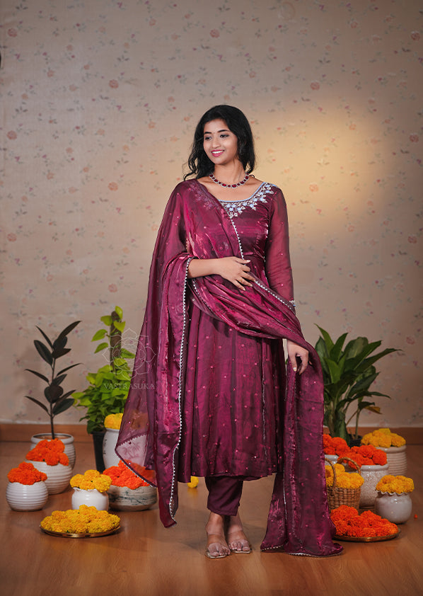 Shine Wine Space Silk Anarkali Set