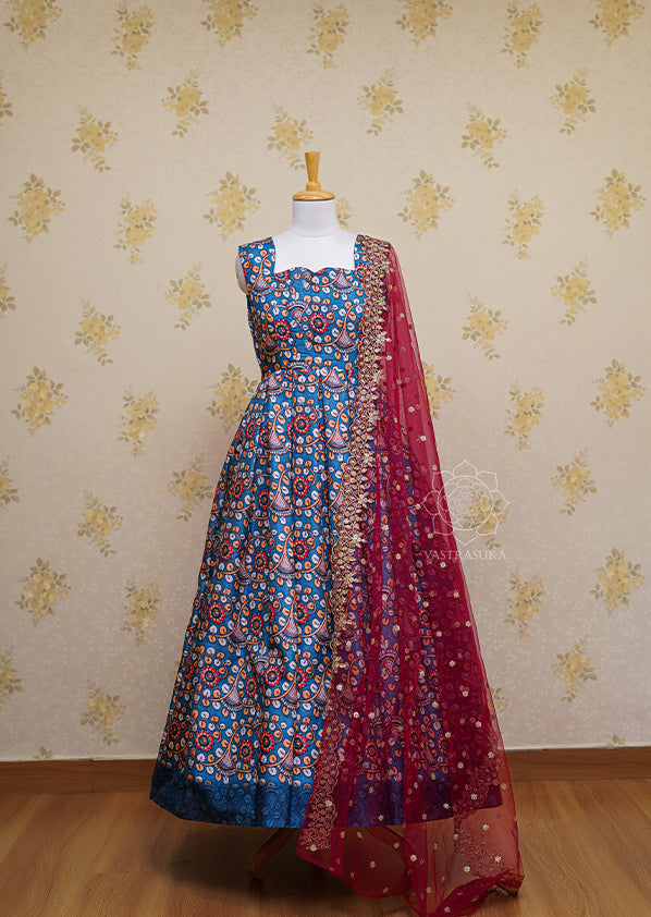 Teal Kalamkari Silk Long Dress