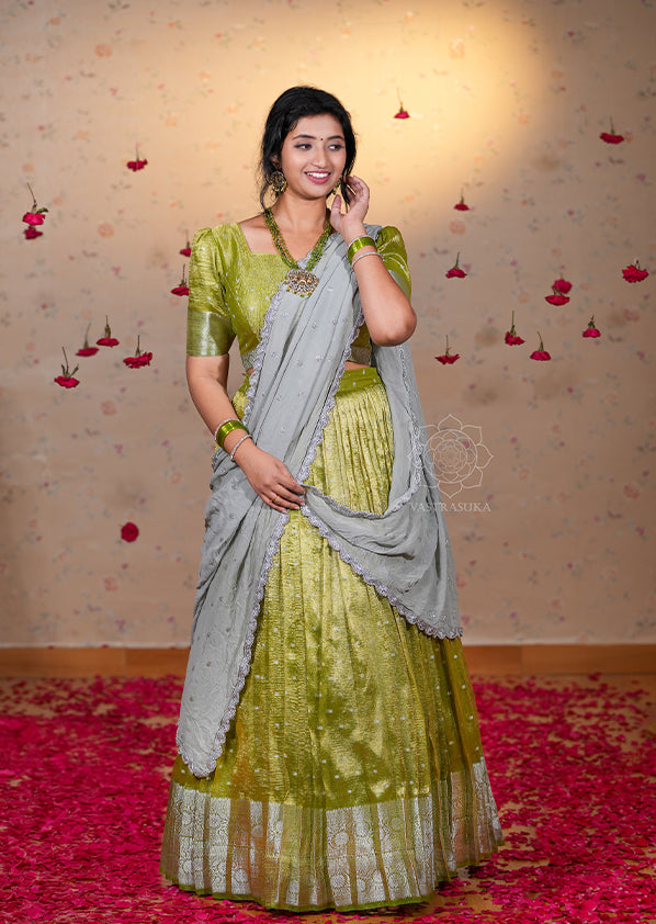 Olive Green Metallic Tissue Half Saree