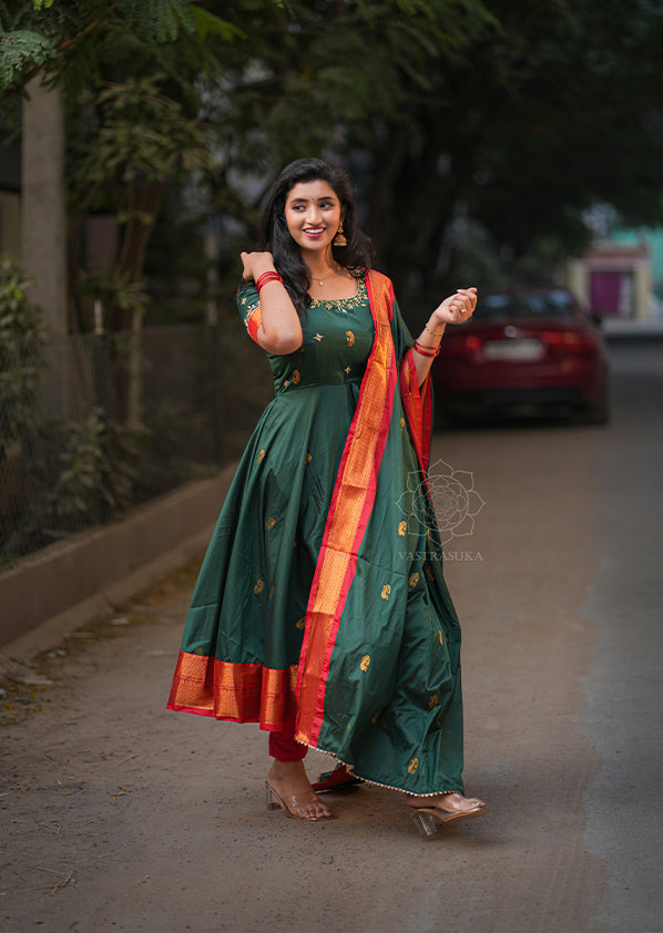 Bottle Green Soft Silk Anarkali With Embroidery Bottle Green Soft Silk Anarkali With Embroidery
