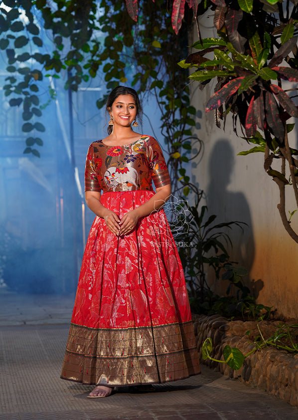 red saree dress design Crystal Embellished Red Pre-Draped Saree Set with 3D Floral Blouse & Side Strap Design Red / M / 3 Days