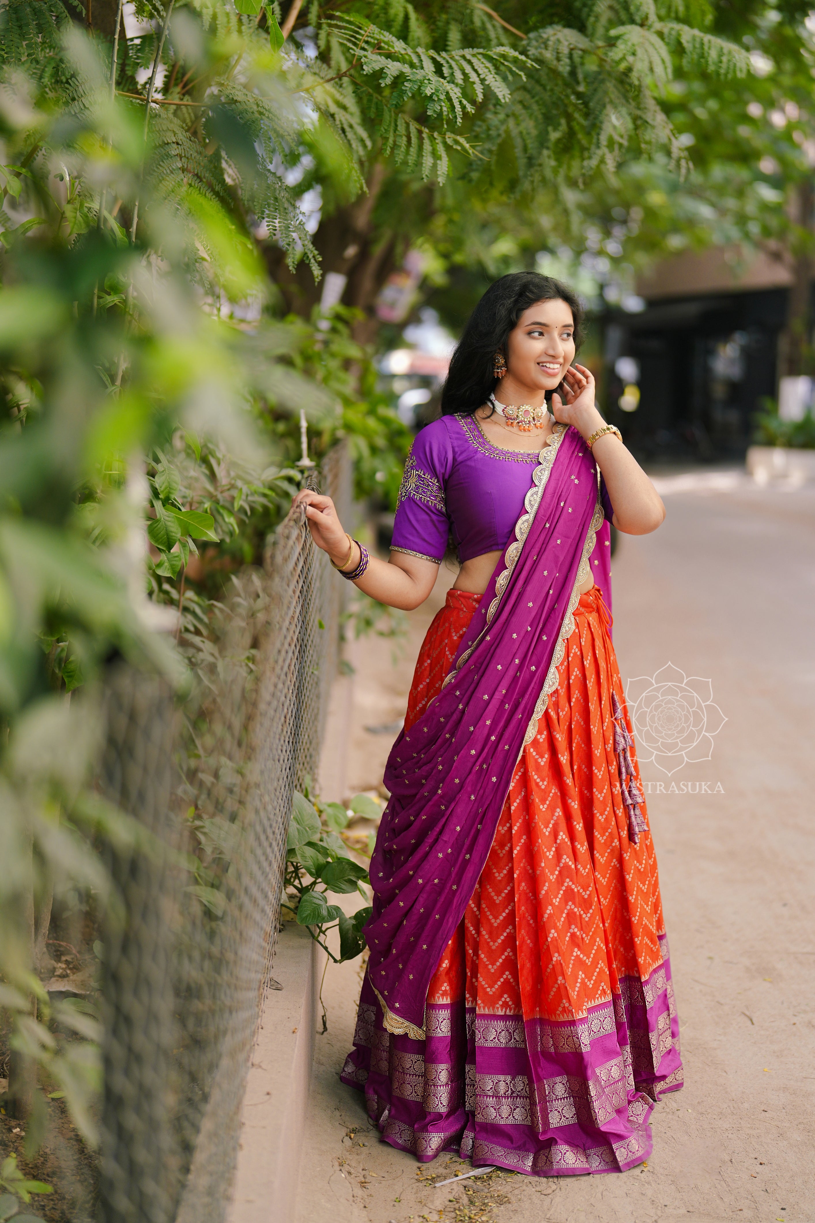 Orange & purple Banarasi half saree
