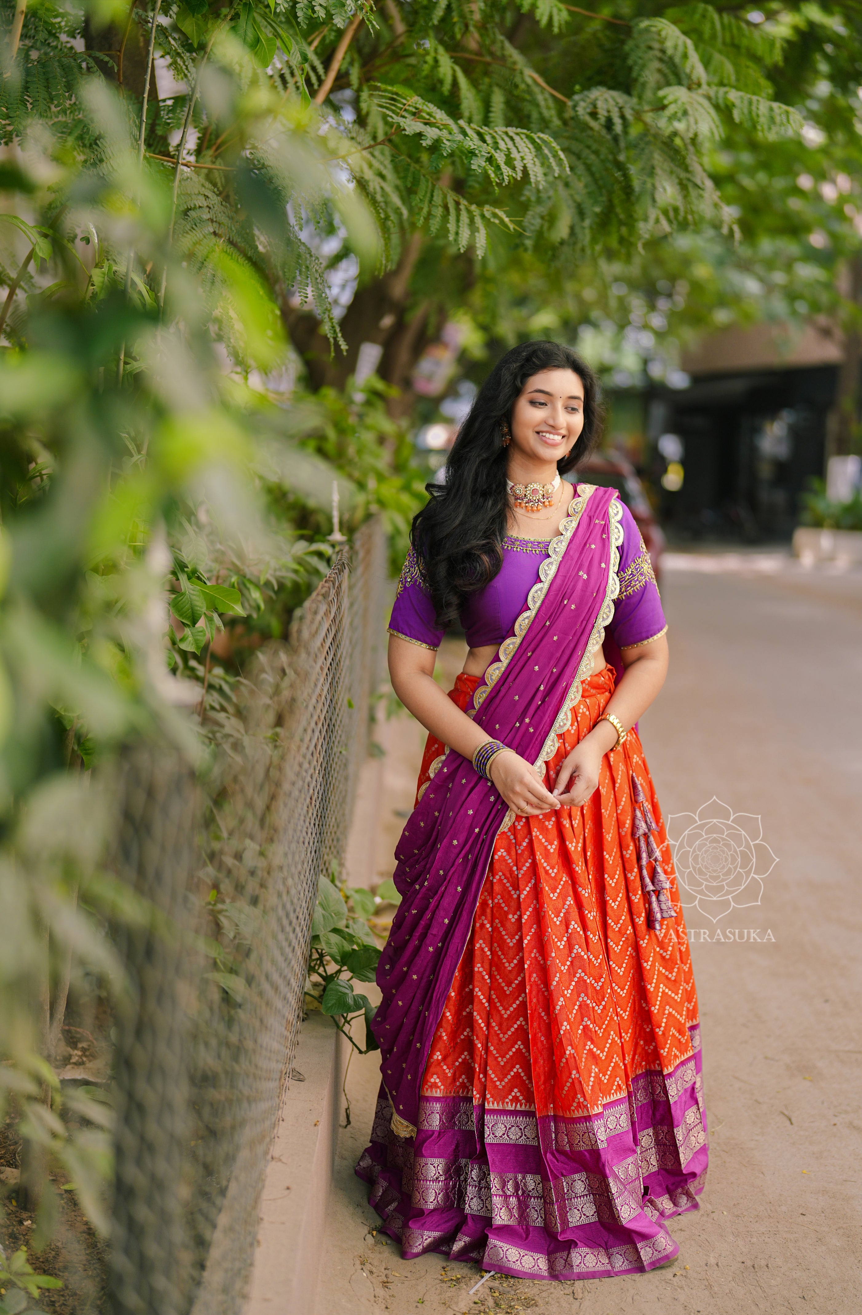 Orange & purple Banarasi half saree