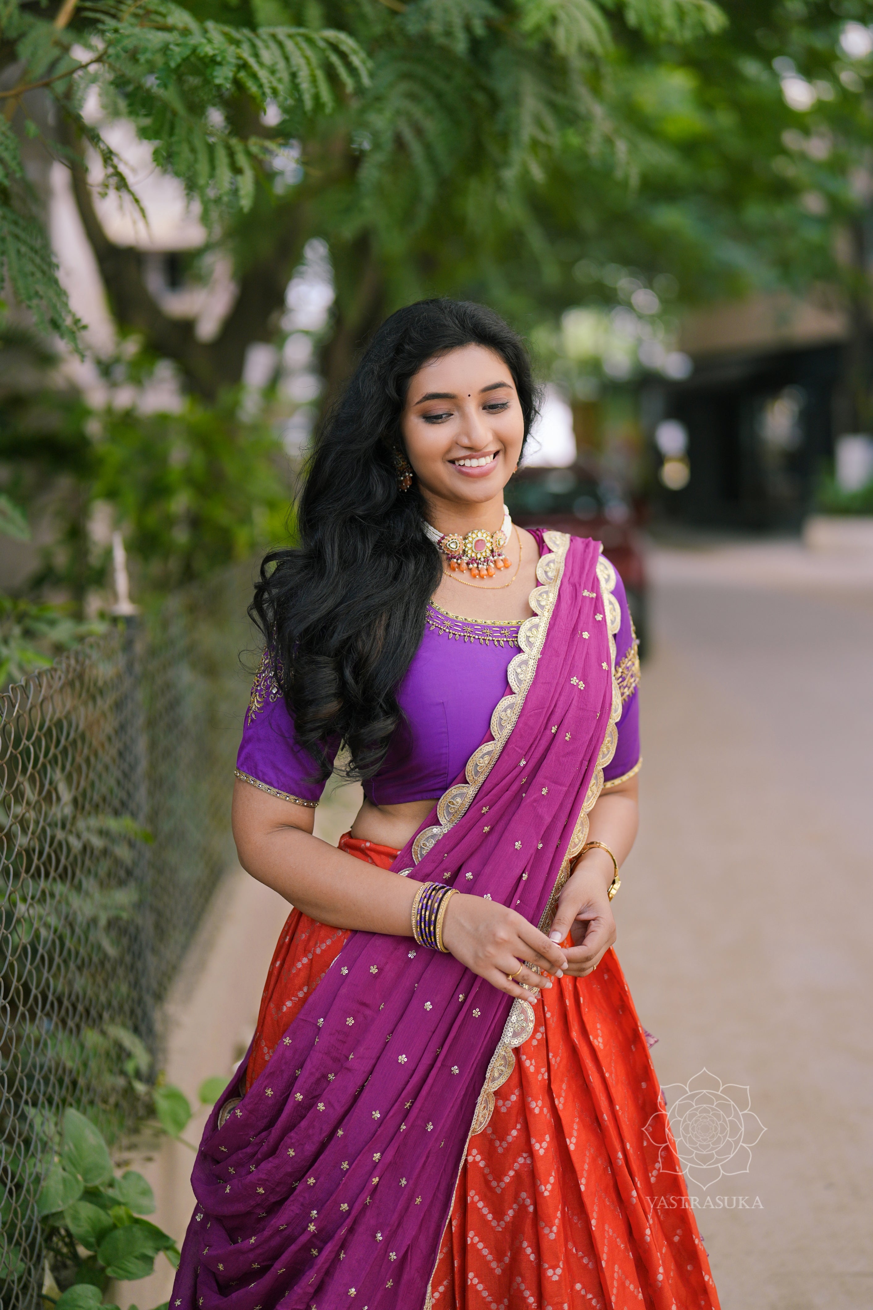 Orange & purple Banarasi half saree