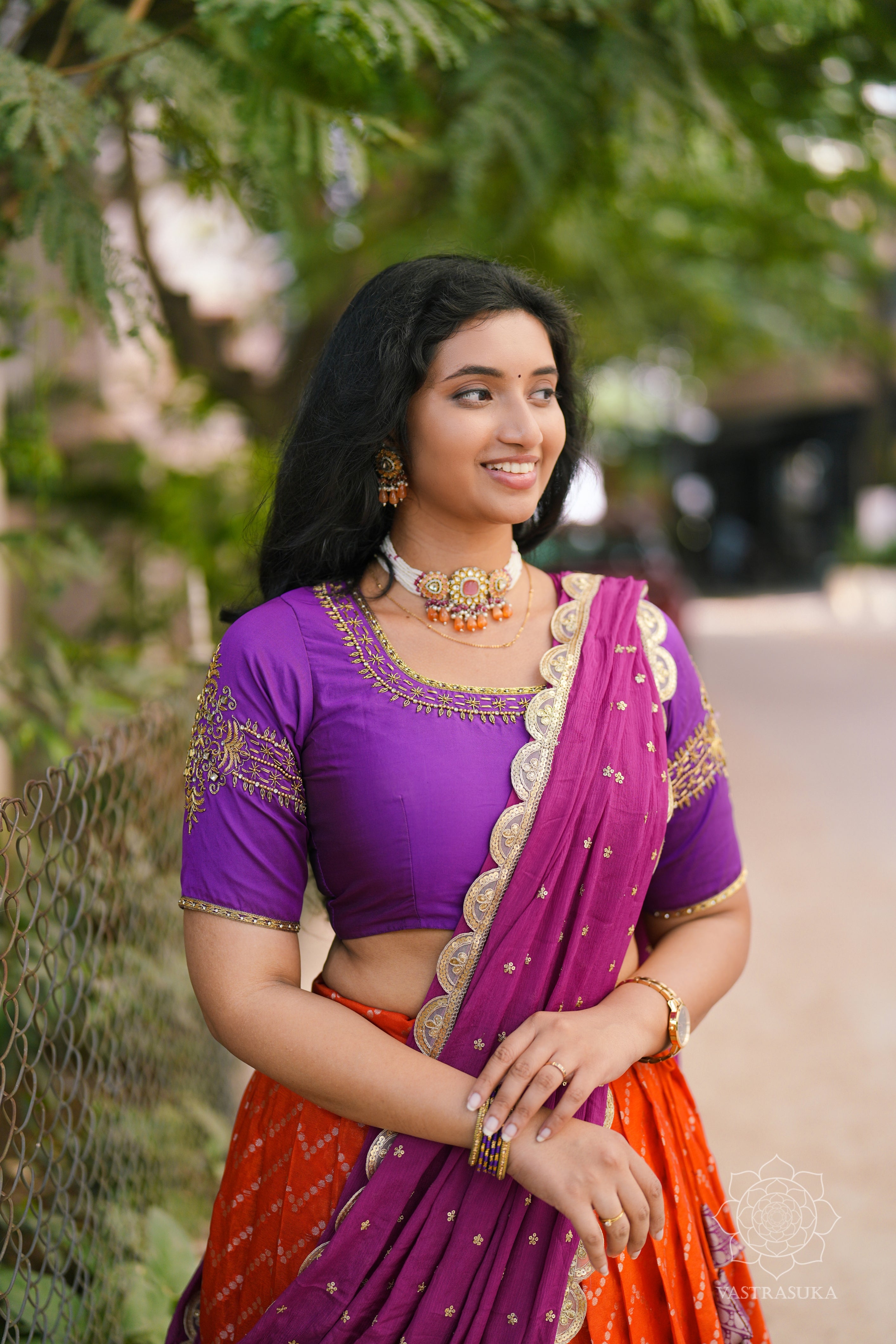 Orange & purple Banarasi half saree