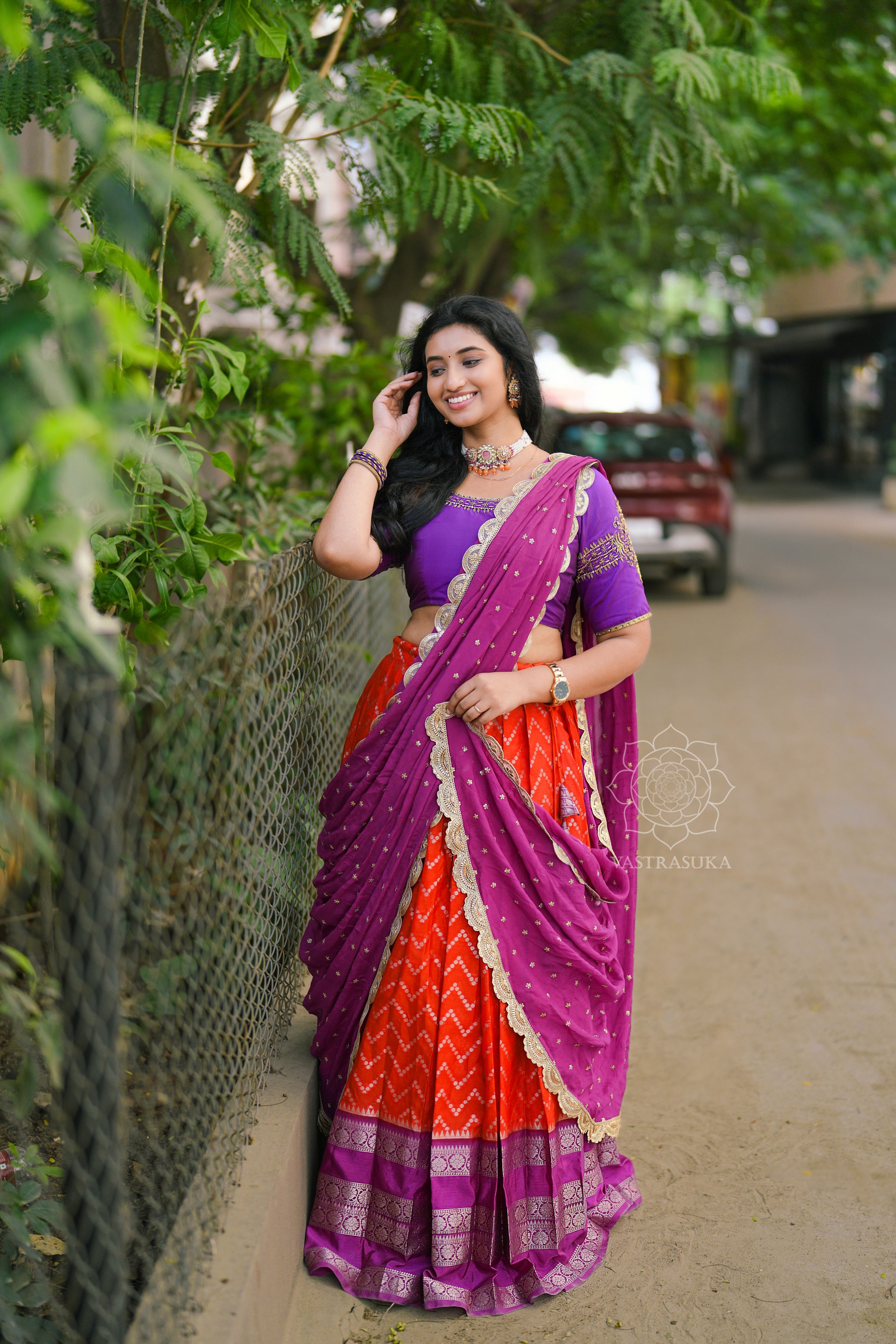 Orange & purple Banarasi half saree