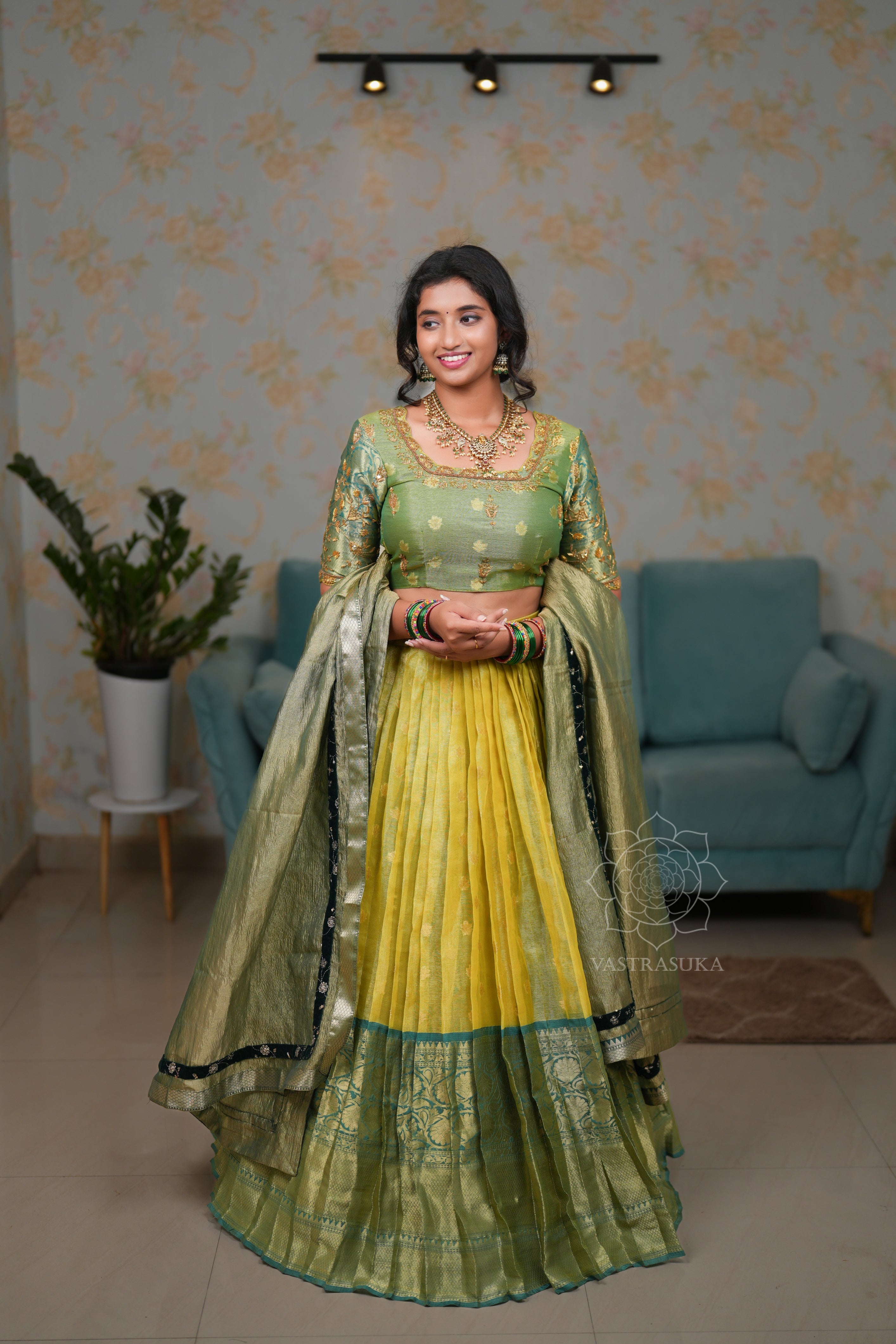 Mint yellow Kanchi half saree