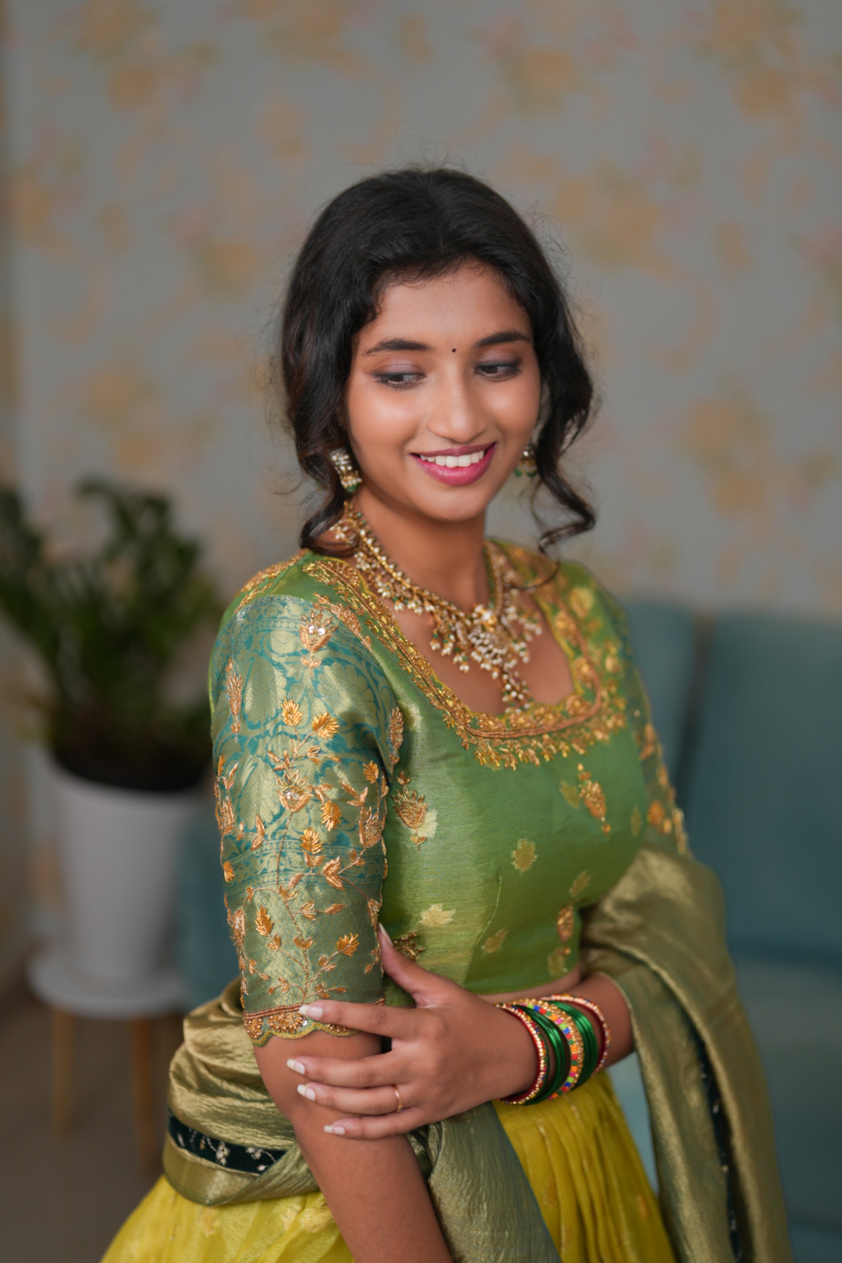 Mint yellow Kanchi half saree
