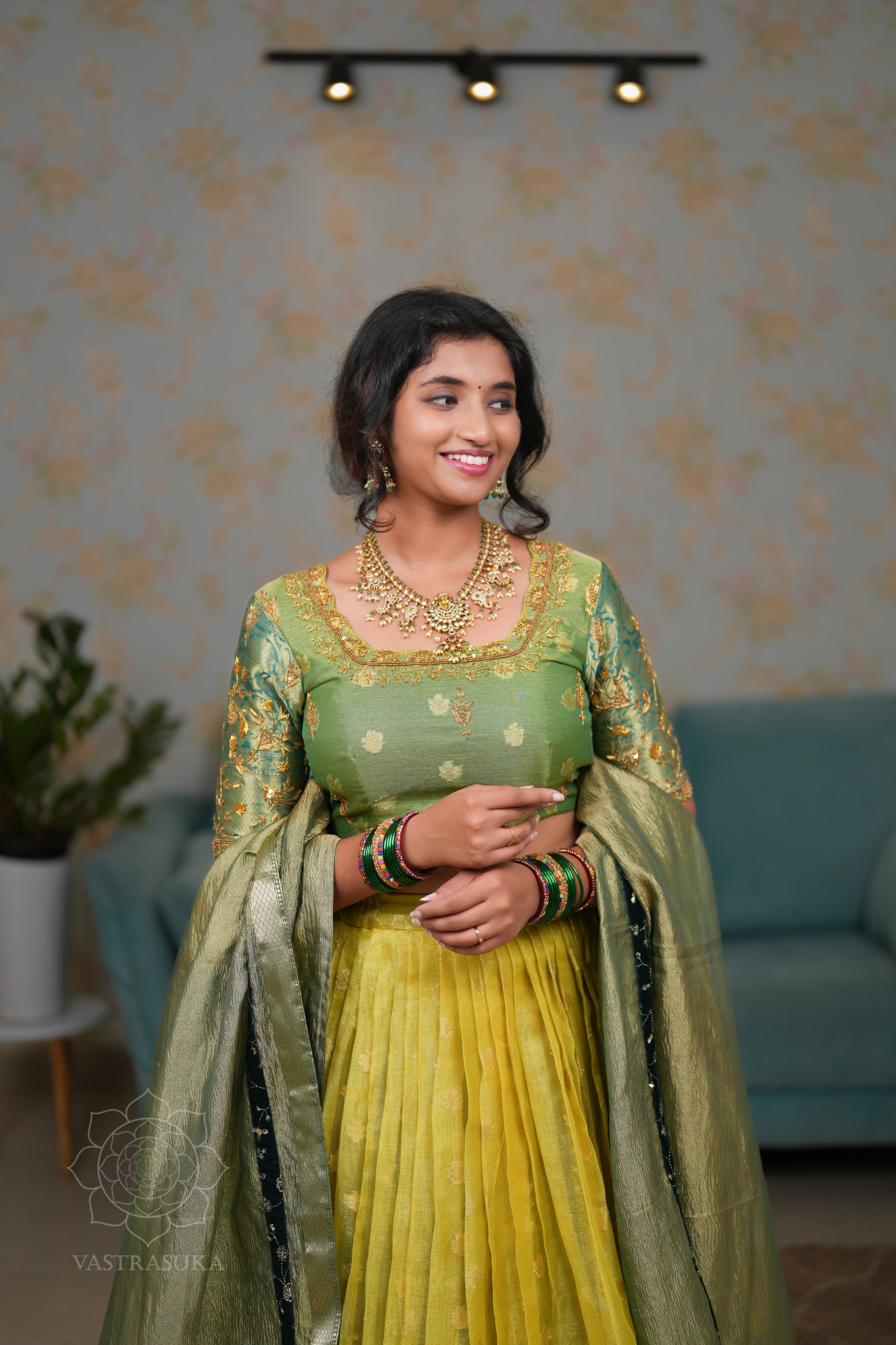 Mint yellow Kanchi half saree