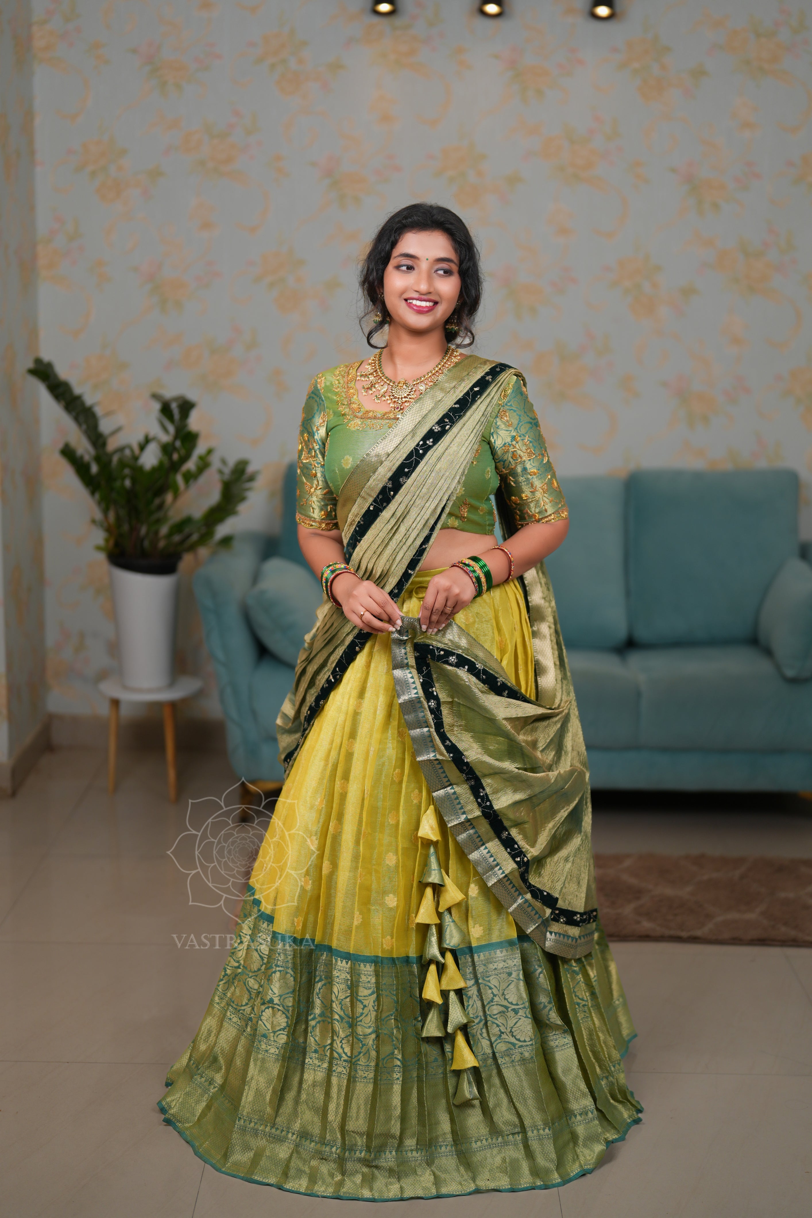 Mint yellow Kanchi half saree