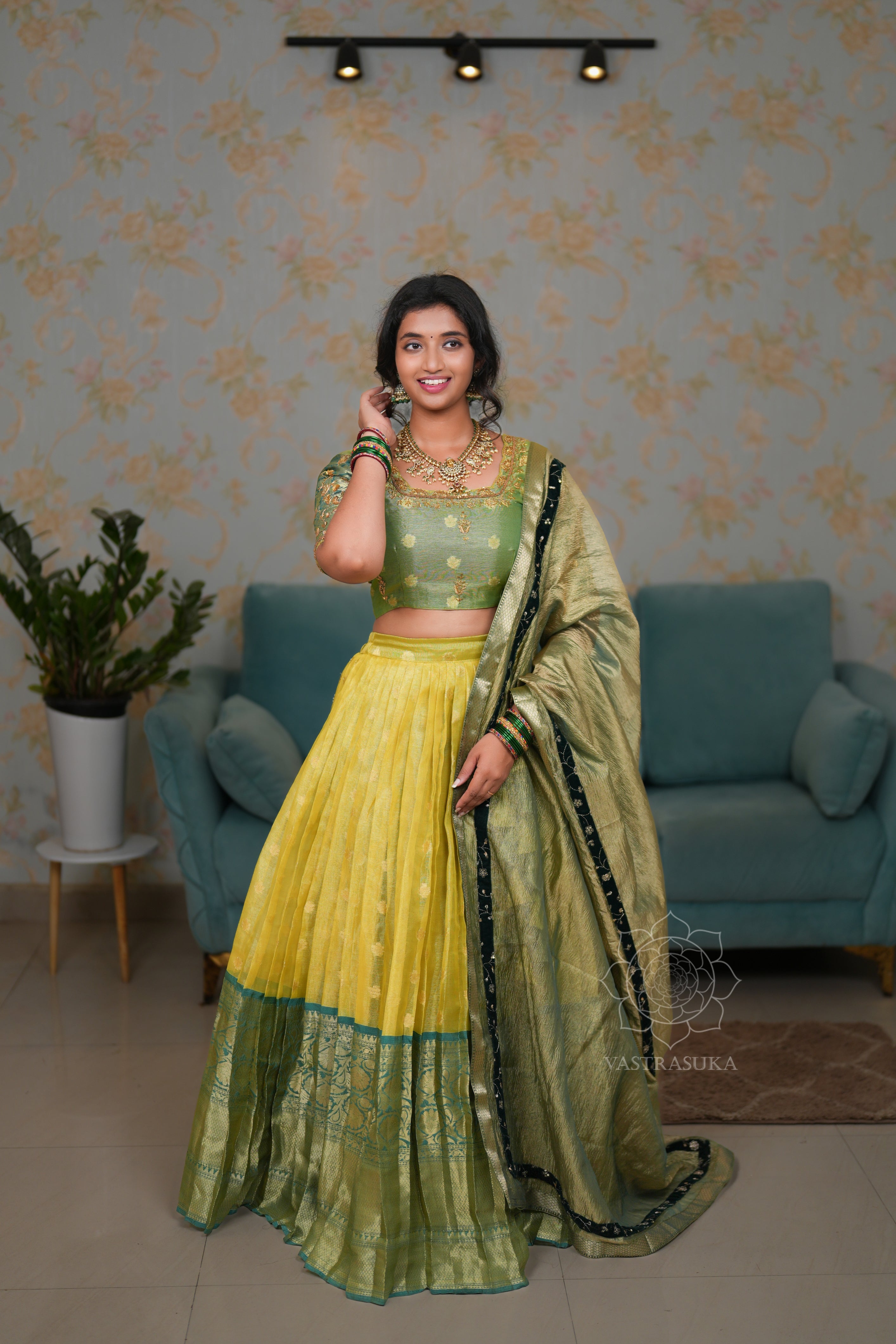 Mint yellow Kanchi half saree