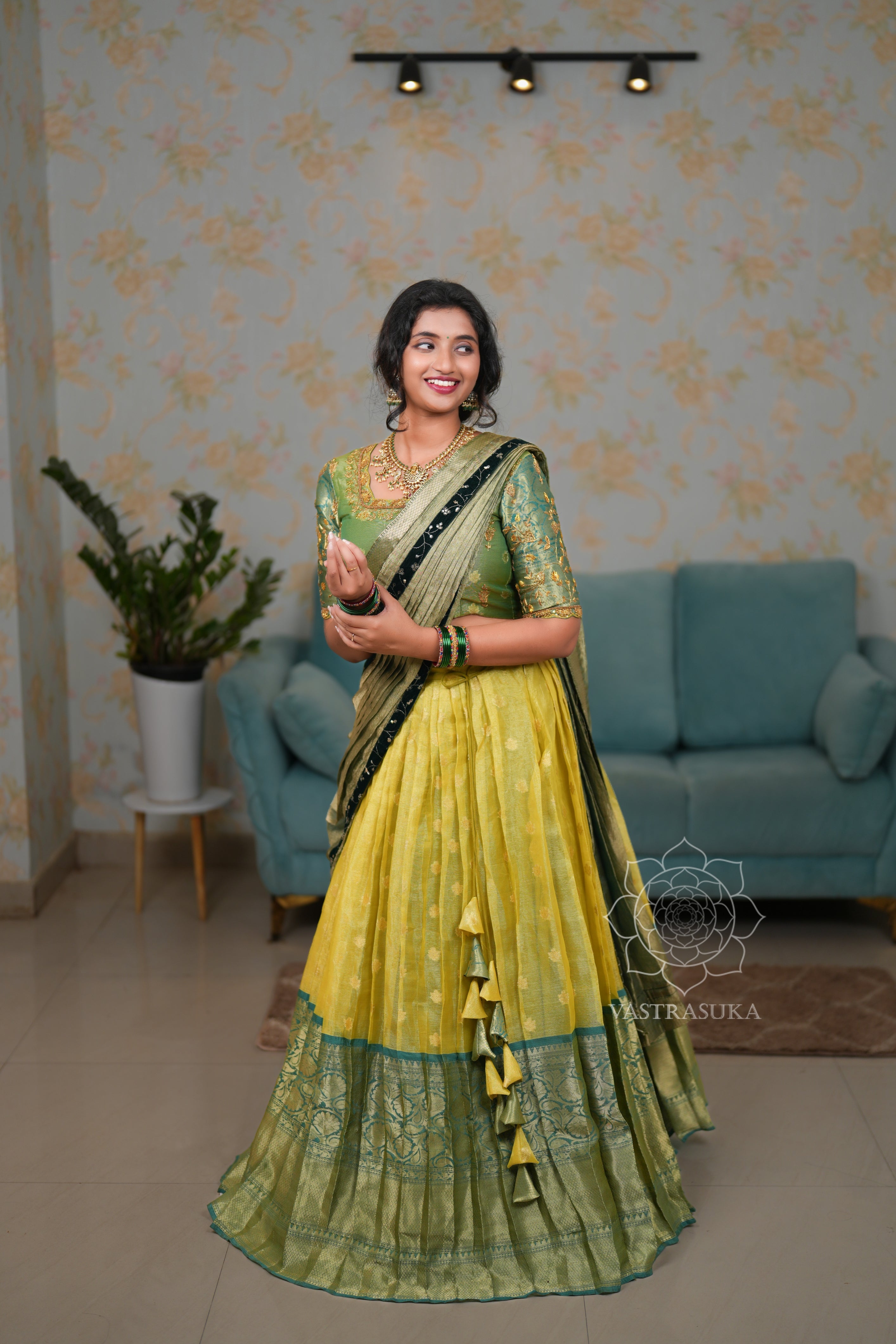 Mint yellow Kanchi half saree