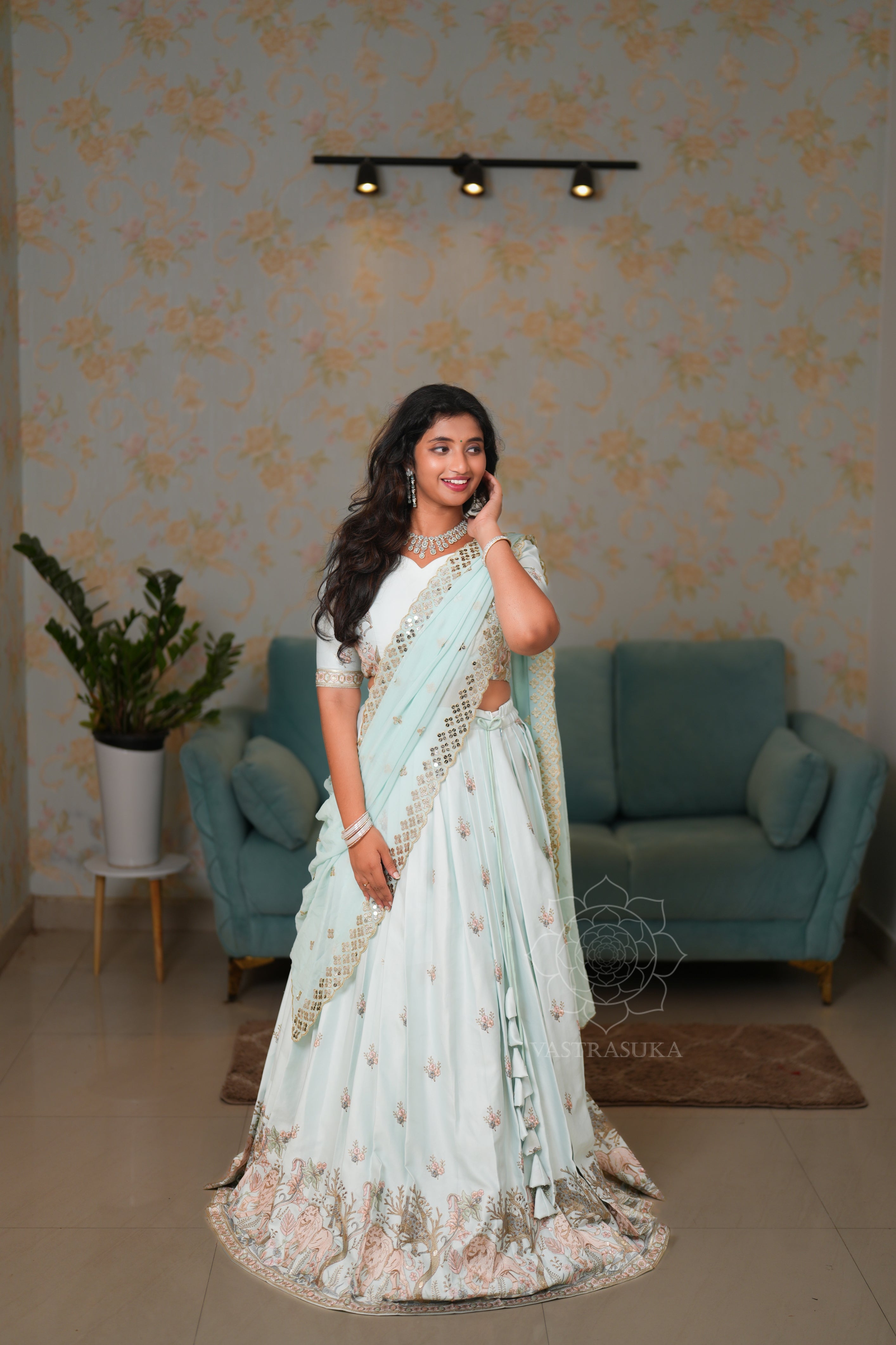 Mint blue emroidery lehanga set